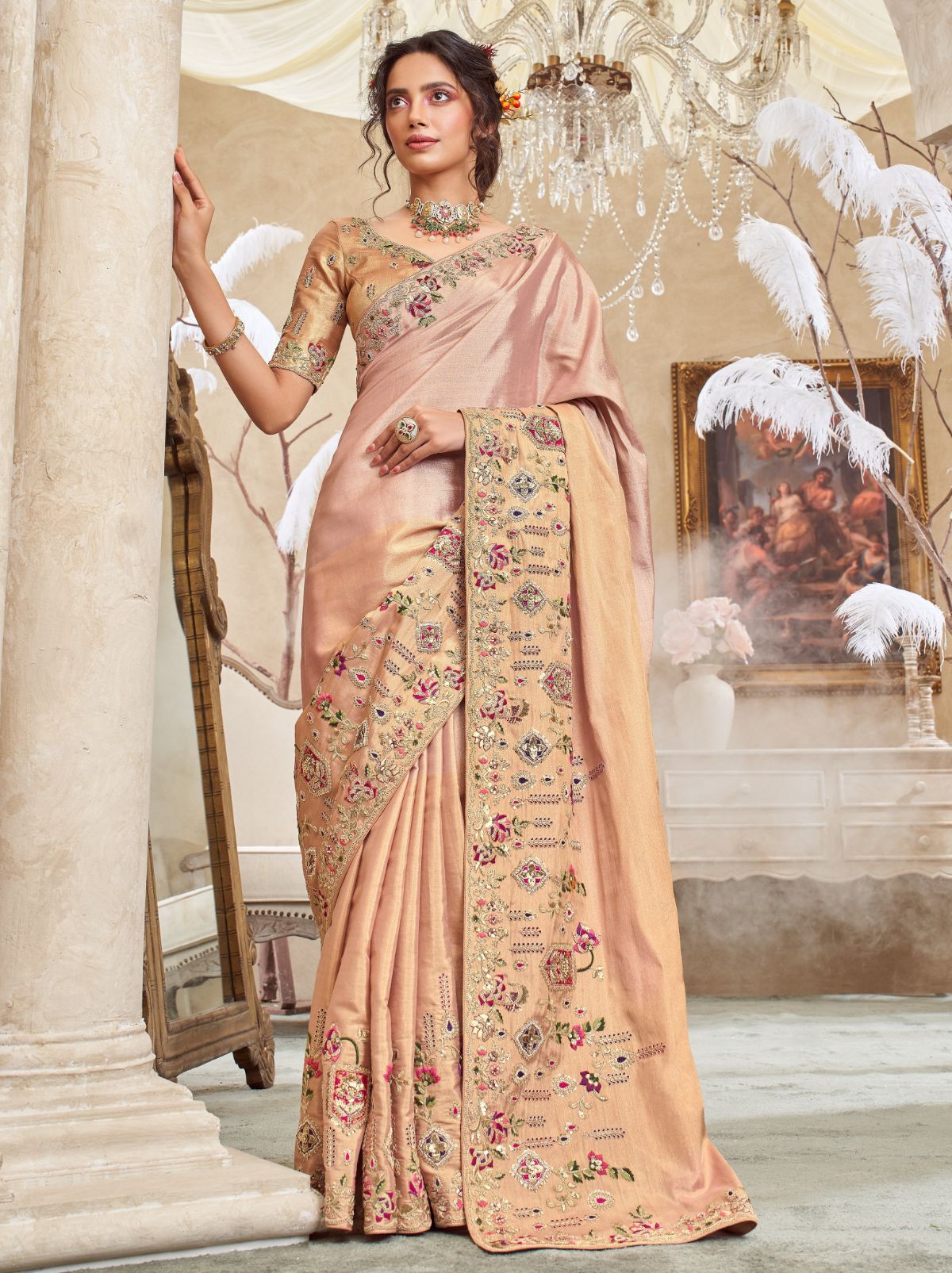 Baby Pink Designer Luxury Fine Silk Saree With Heavy Work