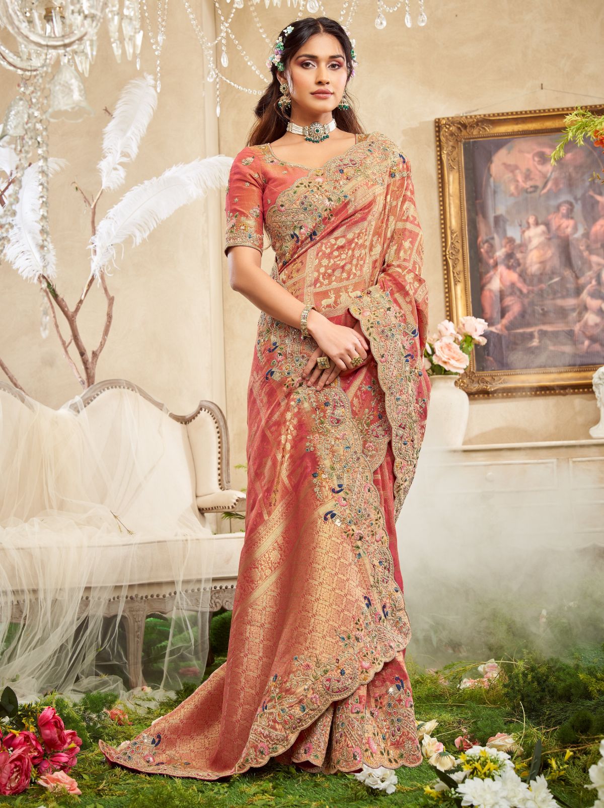 Rose Pink Designer Luxury Fine Silk Saree With Heavy Work