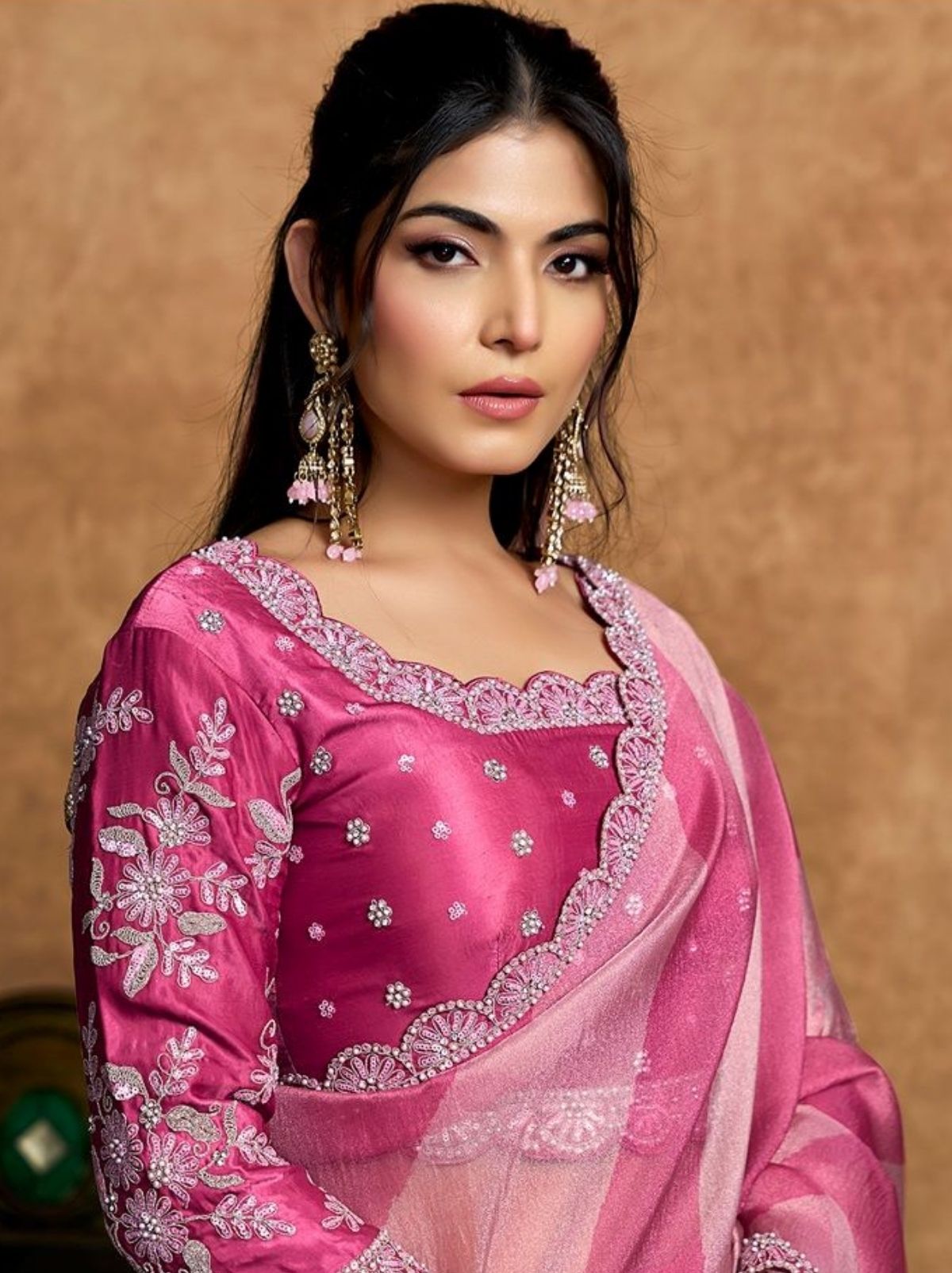 Carnation Pink Designer Party Wear Saree With Blouse Piece