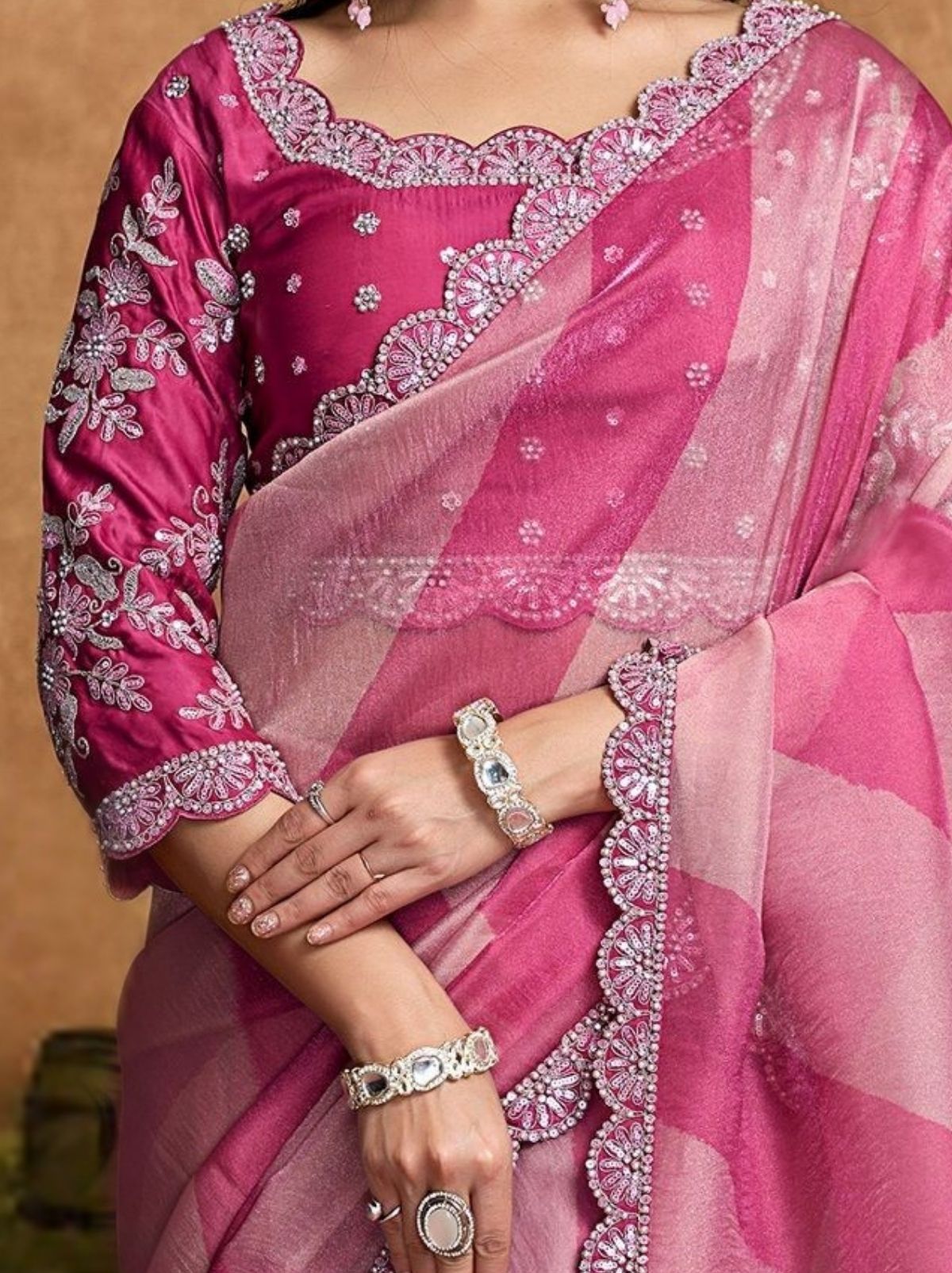 Carnation Pink Designer Party Wear Saree With Blouse Piece