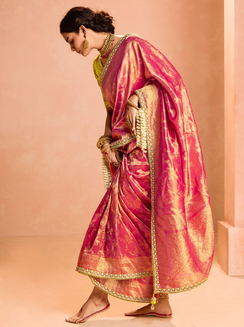 Ruby Pink Zari Tissue Silk Wedding Party Saree