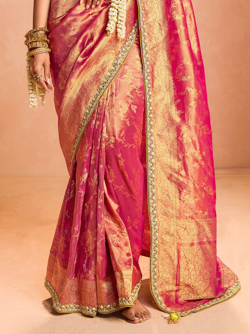 Ruby Pink Zari Tissue Silk Wedding Party Saree