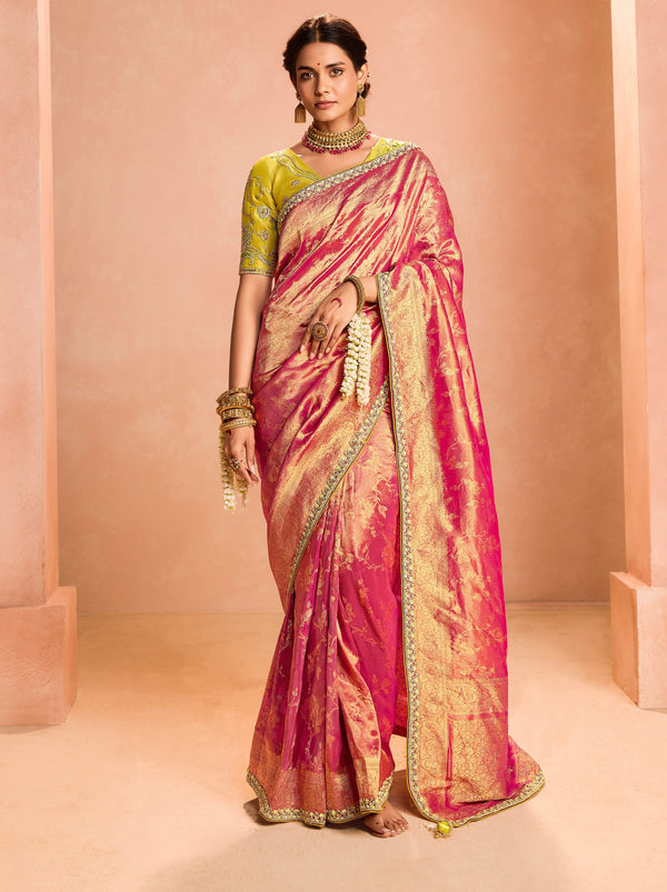 Ruby Pink Zari Tissue Silk Wedding Party Saree