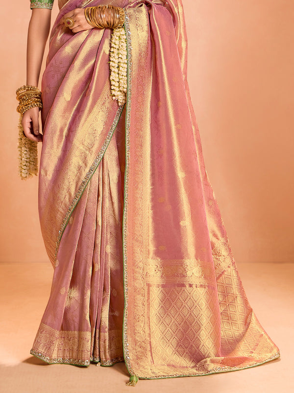 Rose Pink Zari Tissue Silk Wedding Party Saree