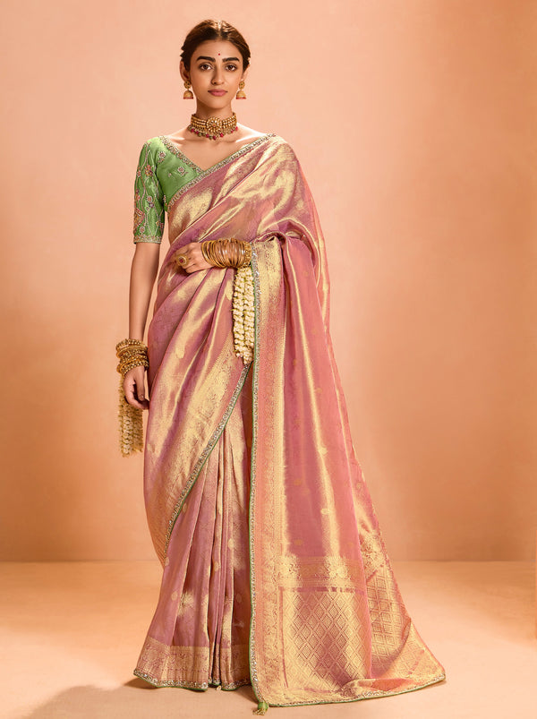 Rose Pink Zari Tissue Silk Wedding Party Saree