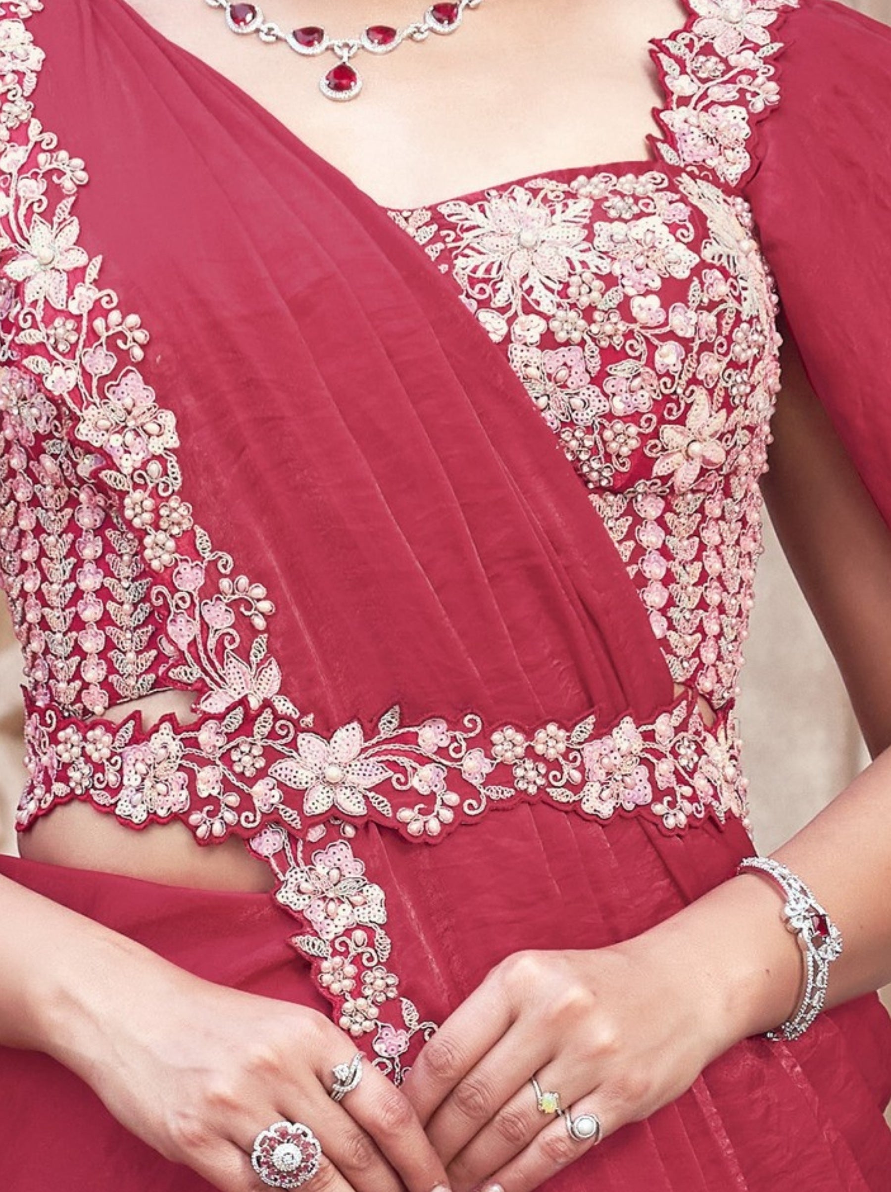 Ruby Pink Designer Ready to Wear Saree With Stitched Blouse - TrendOye