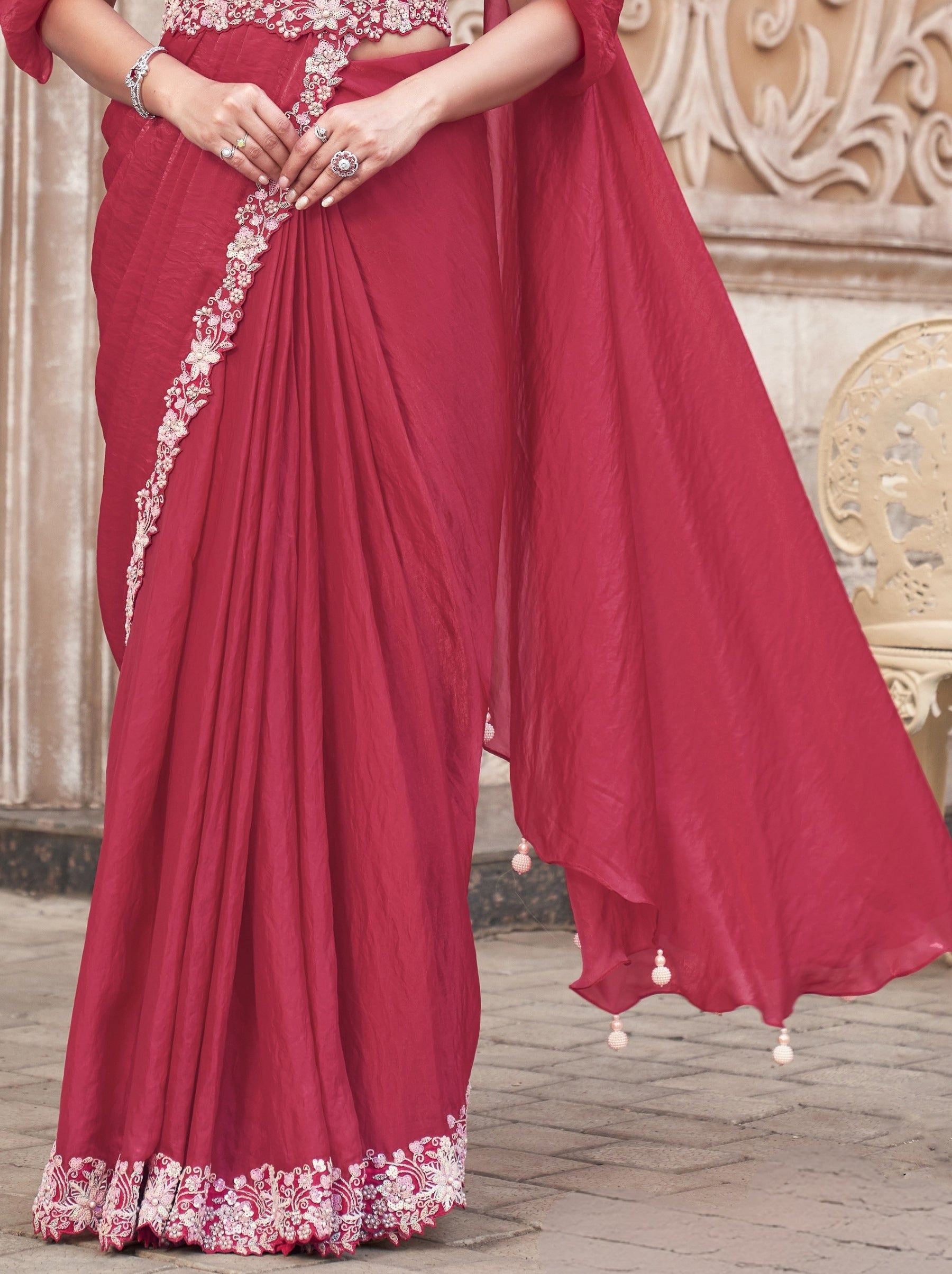 Ruby Pink Designer Ready to Wear Saree With Stitched Blouse - TrendOye