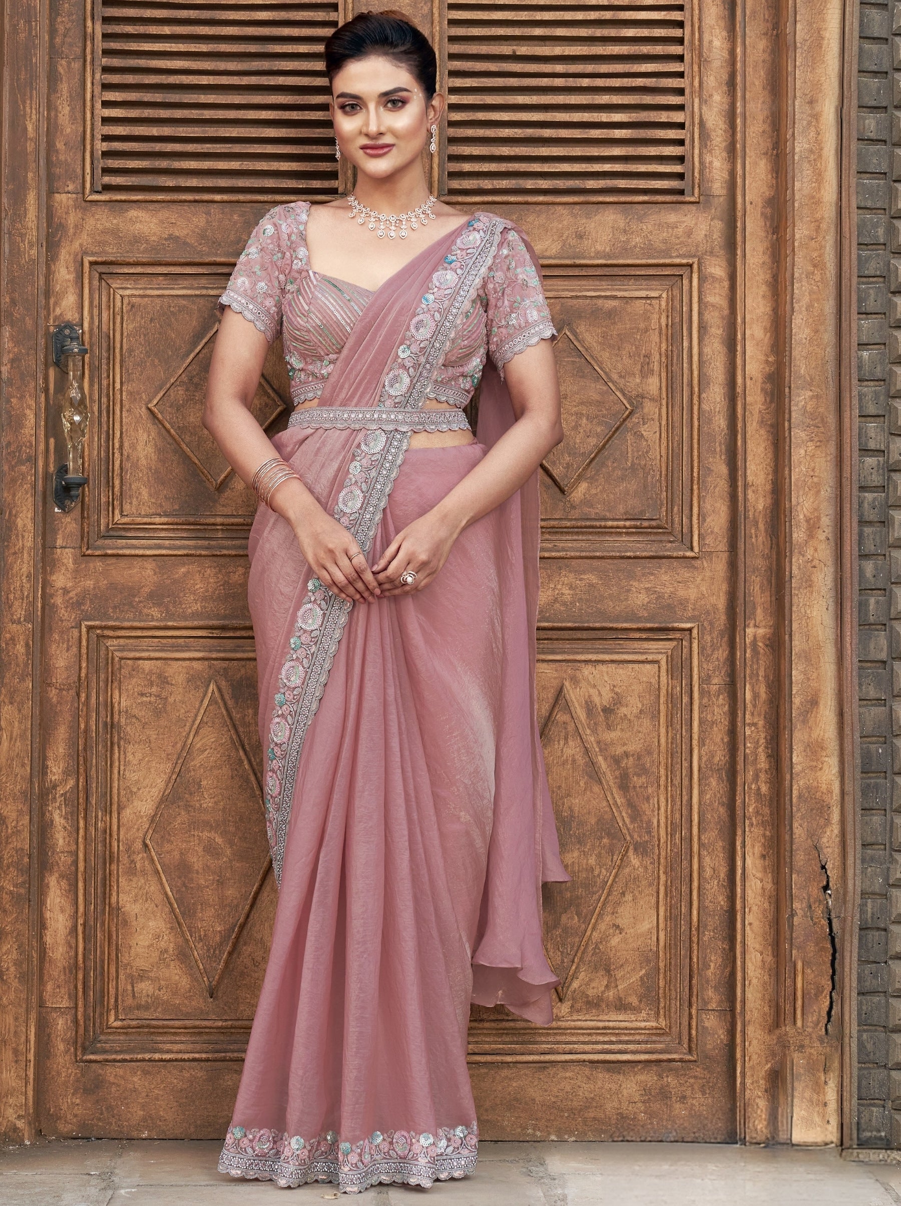 Peach Pink Designer Ready To Wear Saree With Stitched Blouse