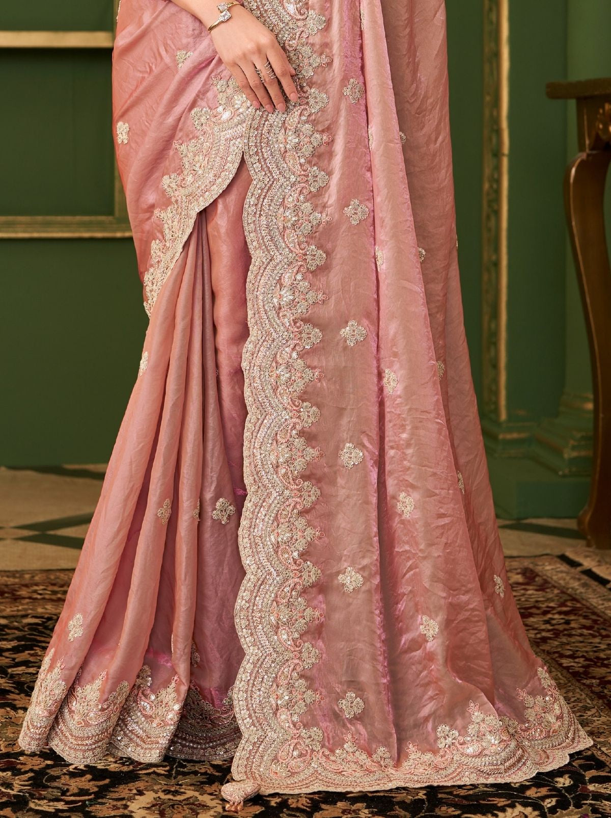 Taffy Pink Designer Satin Georgette Silk Bridal Saree with Tassels