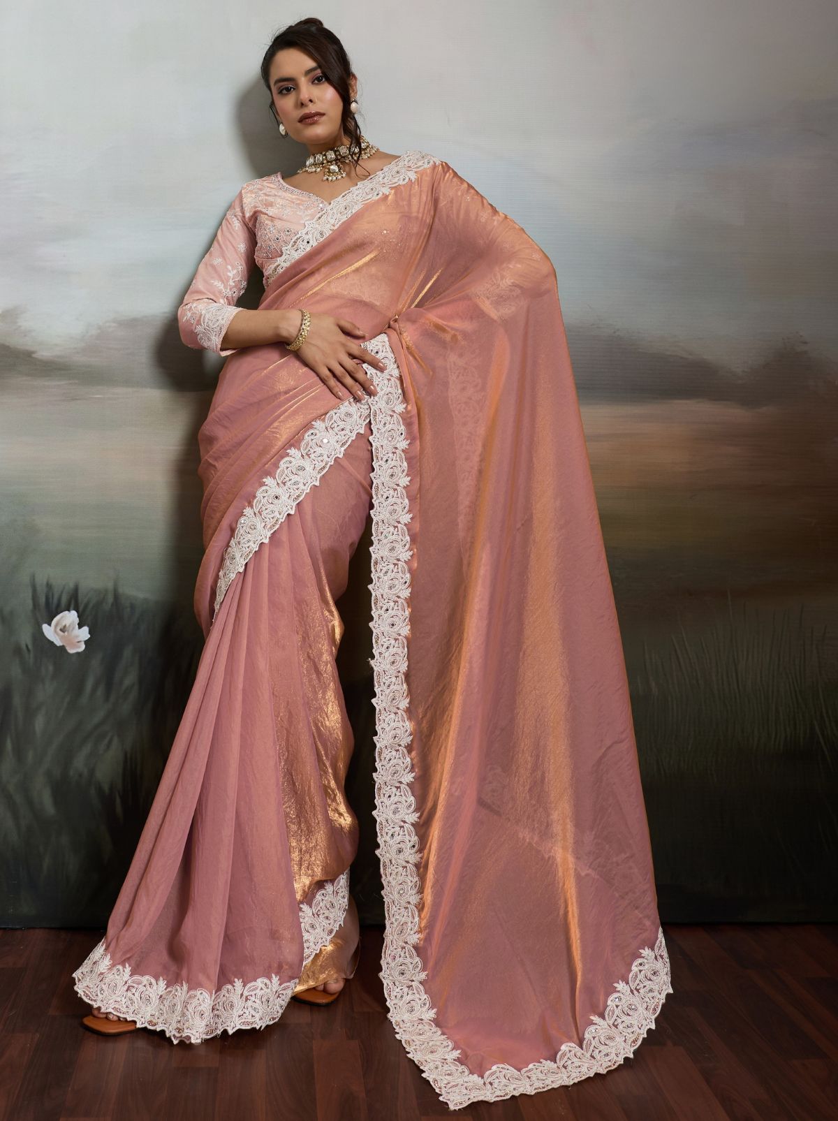 Rose Pink Designer Satin Velvet Silk Saree With Mirror Work