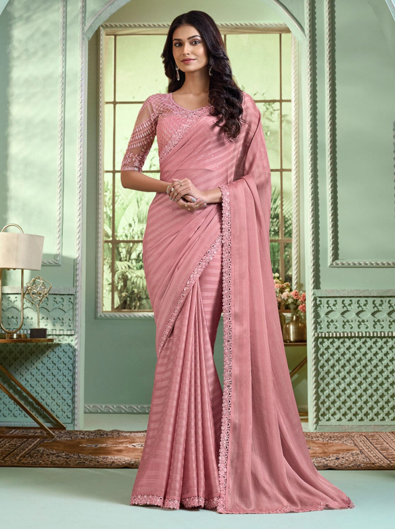 Amaranth Pink Premium Fancy Fabric Designer Wedding Party Saree - TrendOye