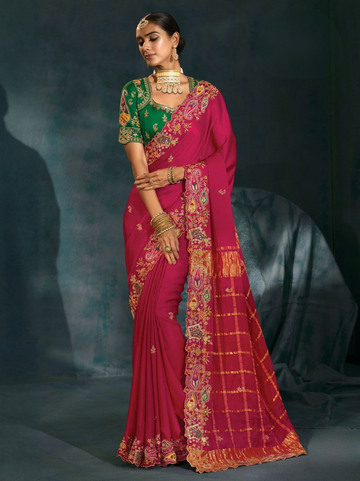 Ruby Pink Wedding Designer Soft Silk Saree With Blouse Piece