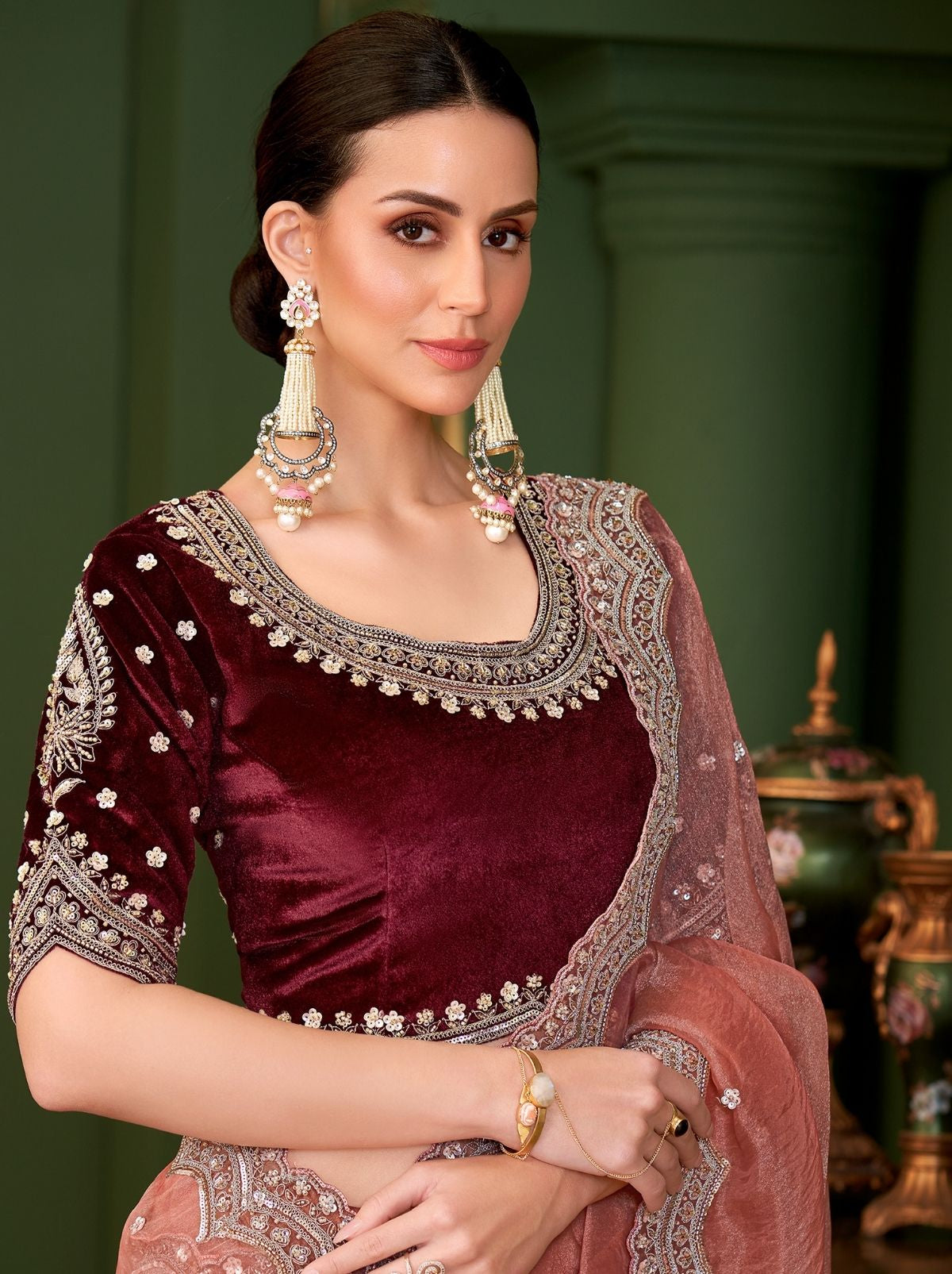 Flamingo Pink Designer Tissue Georgette Silk Bridal Saree with Tassels