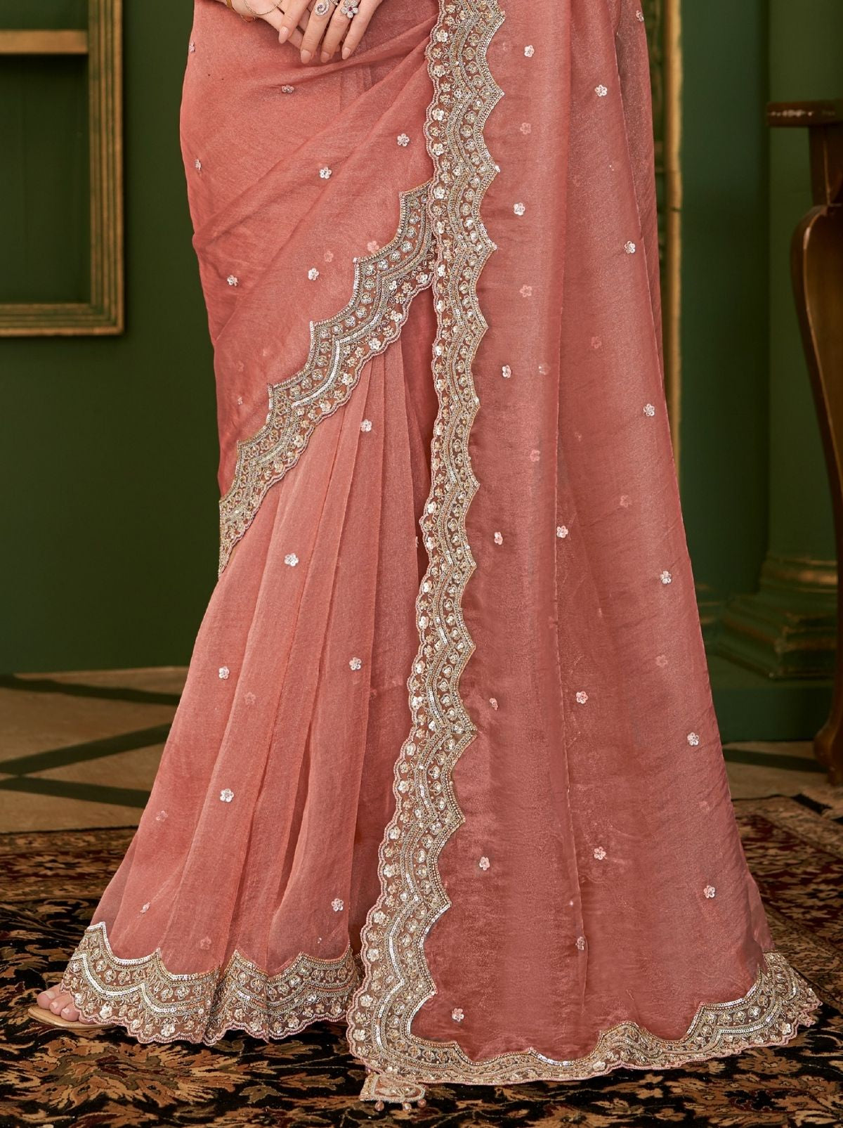 Flamingo Pink Designer Tissue Georgette Silk Bridal Saree with Tassels