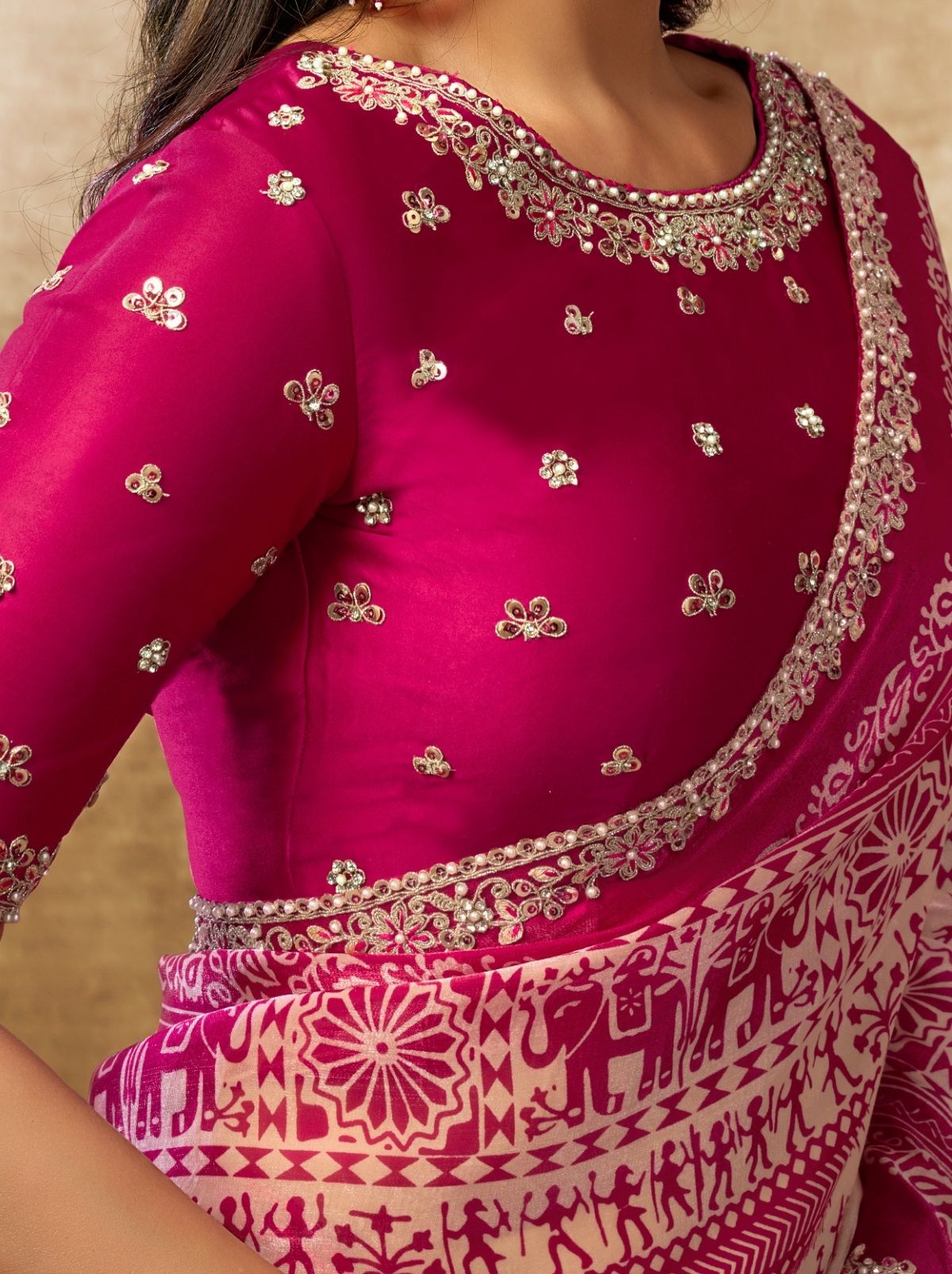 Cerise Pink Designer Two Tone Satin Silk Saree With Blouse Piece - TrendOye