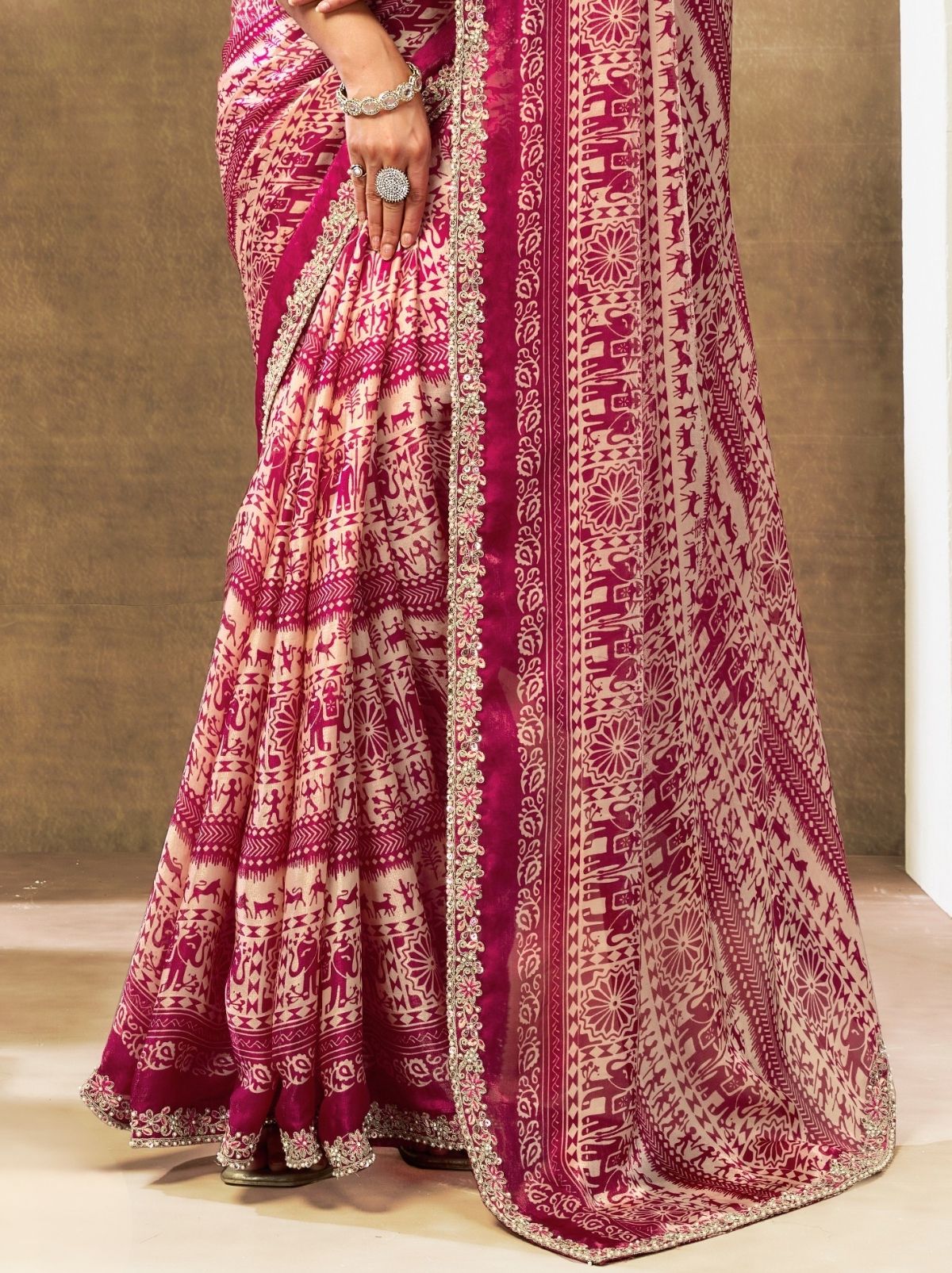 Cerise Pink Designer Two Tone Satin Silk Saree With Blouse Piece - TrendOye