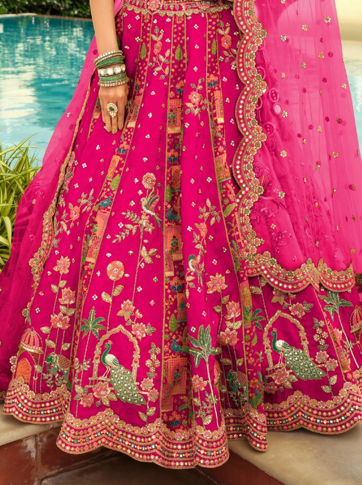 Hot Pink Designer Wedding Lehenga Set With Cut Work Border
