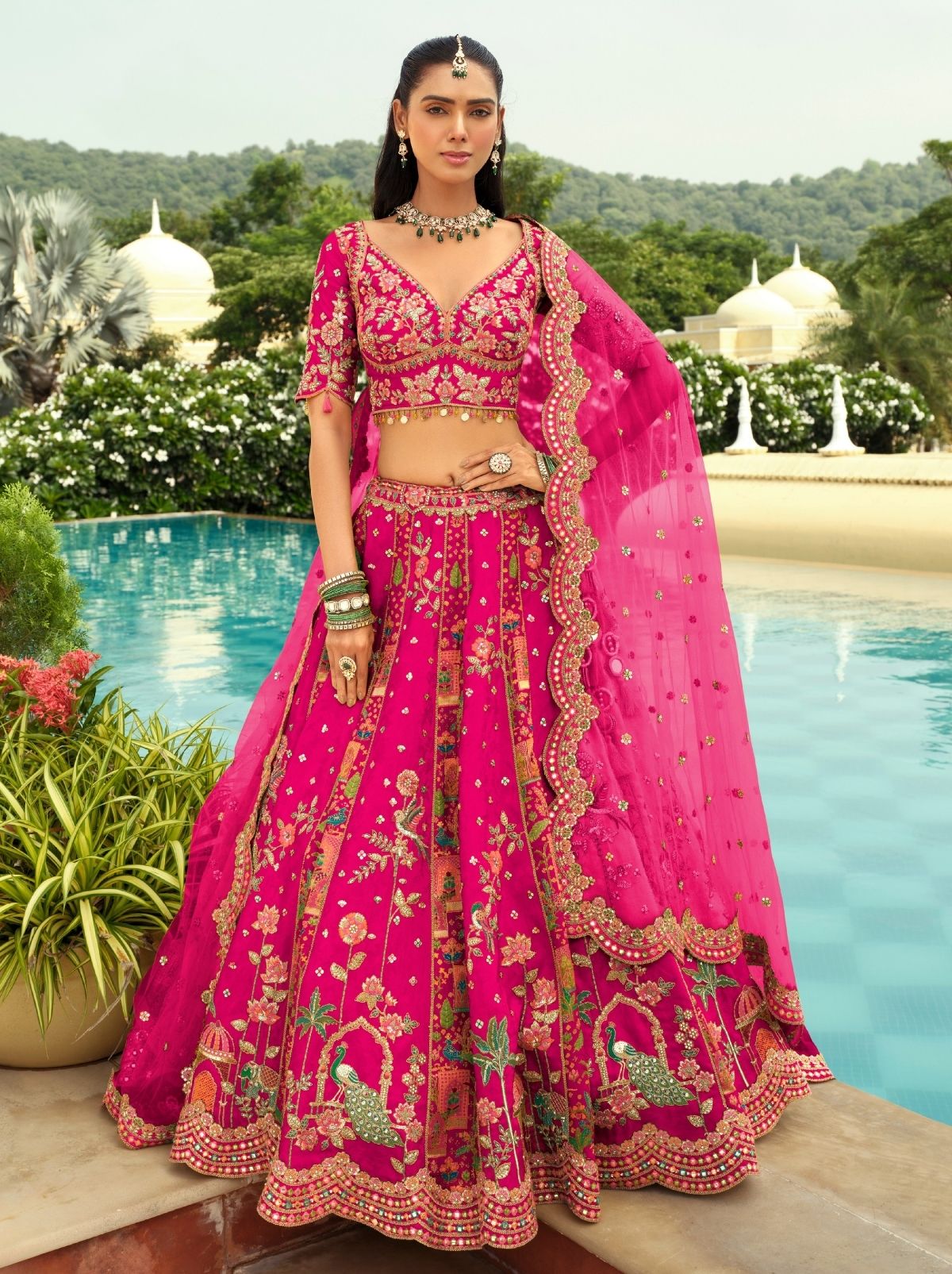 Hot Pink Designer Wedding Lehenga Set With Cut Work Border