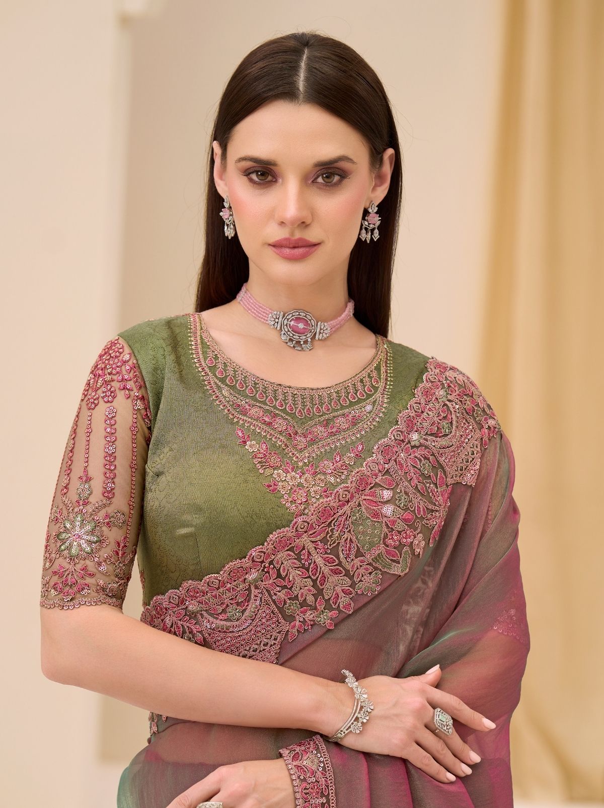 Thulian Pink Designer Wedding saree With Blouse Piece - TrendOye