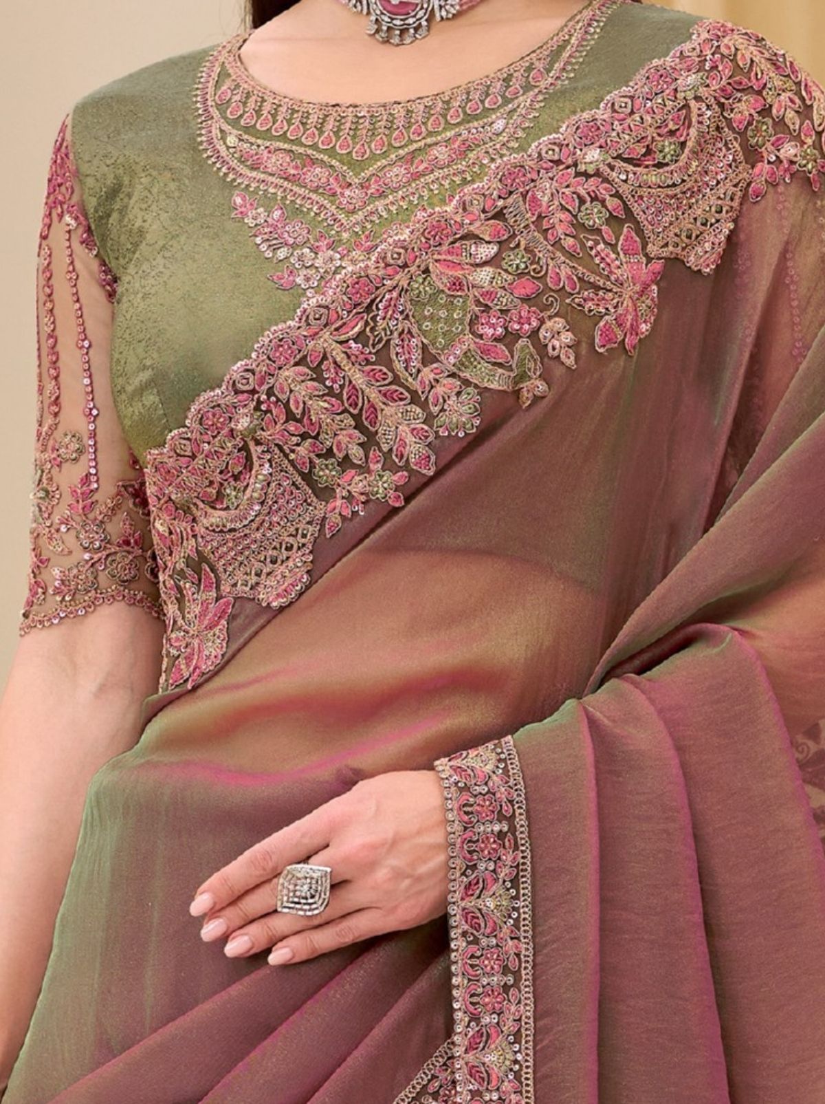 Thulian Pink Designer Wedding saree With Blouse Piece - TrendOye