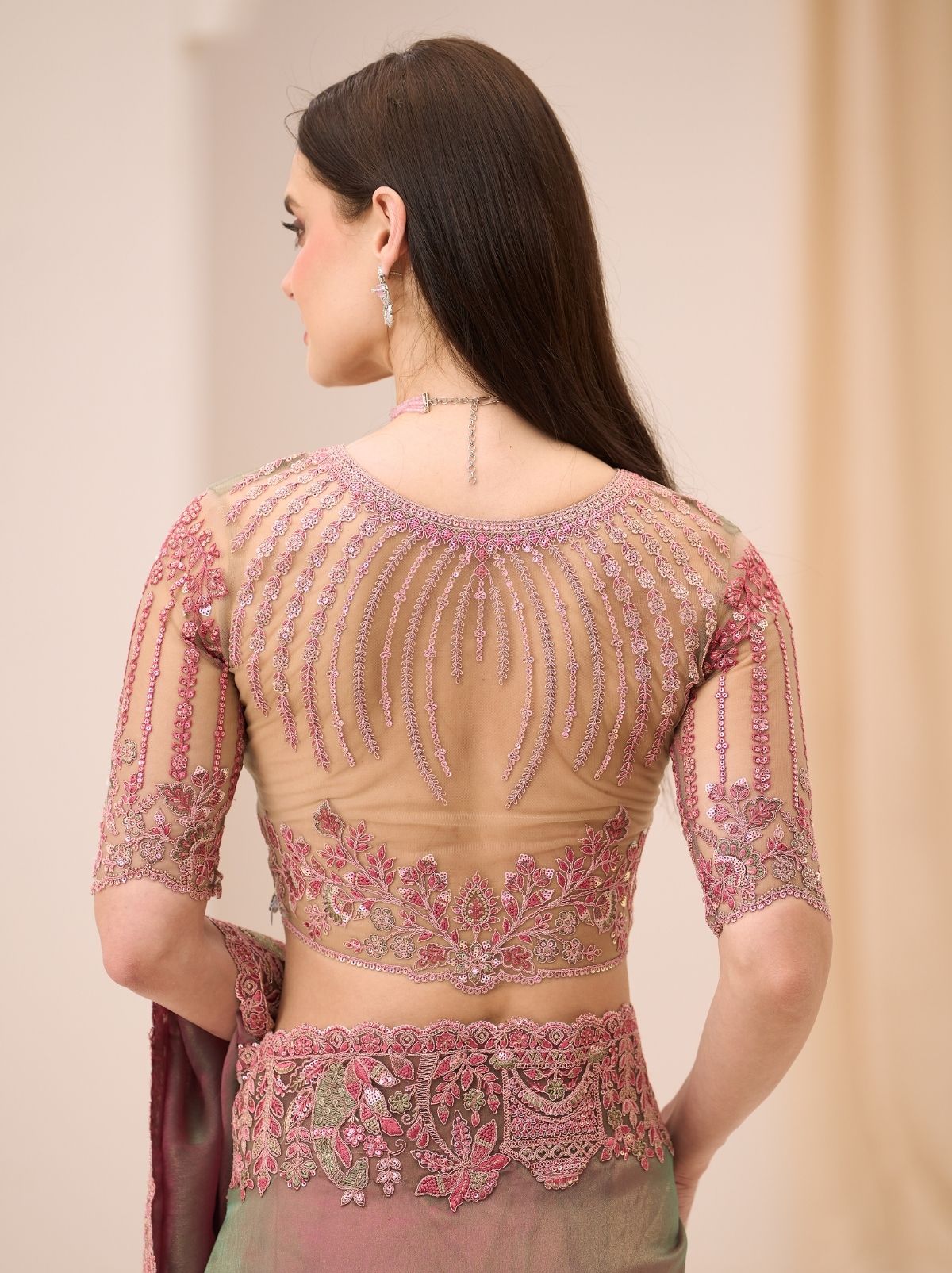 Thulian Pink Designer Wedding saree With Blouse Piece - TrendOye