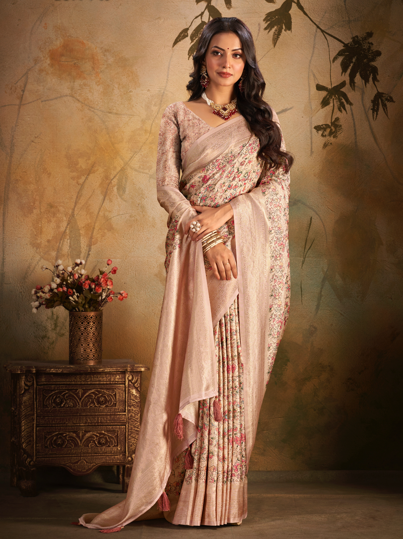 Lemonade Pink Fine Digital Silk Party Saree With Blouse Piece