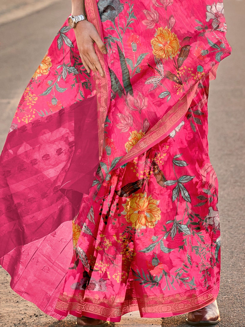 Magenta Pink Designer Tussar Silk Saree - TrendOye