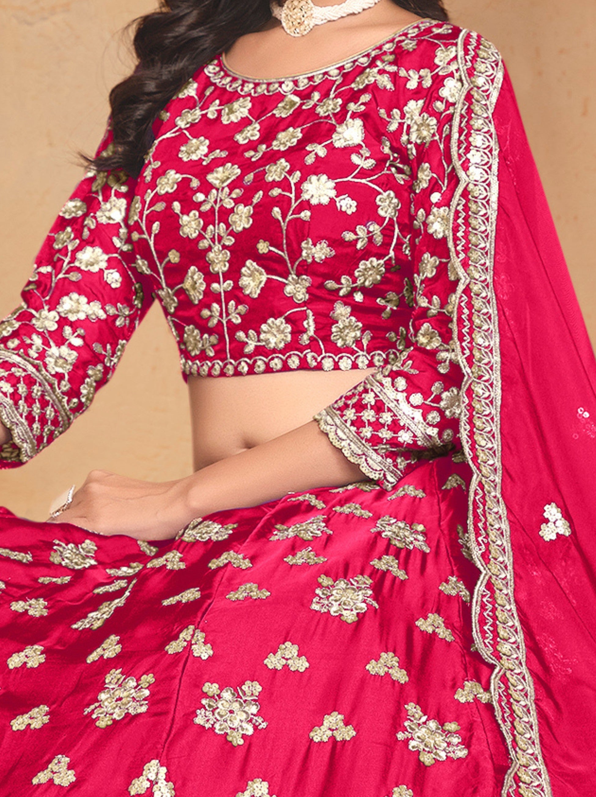 Ruby Pink Designer Party Lehenga Set With Sequin And Zari Work - TrendOye