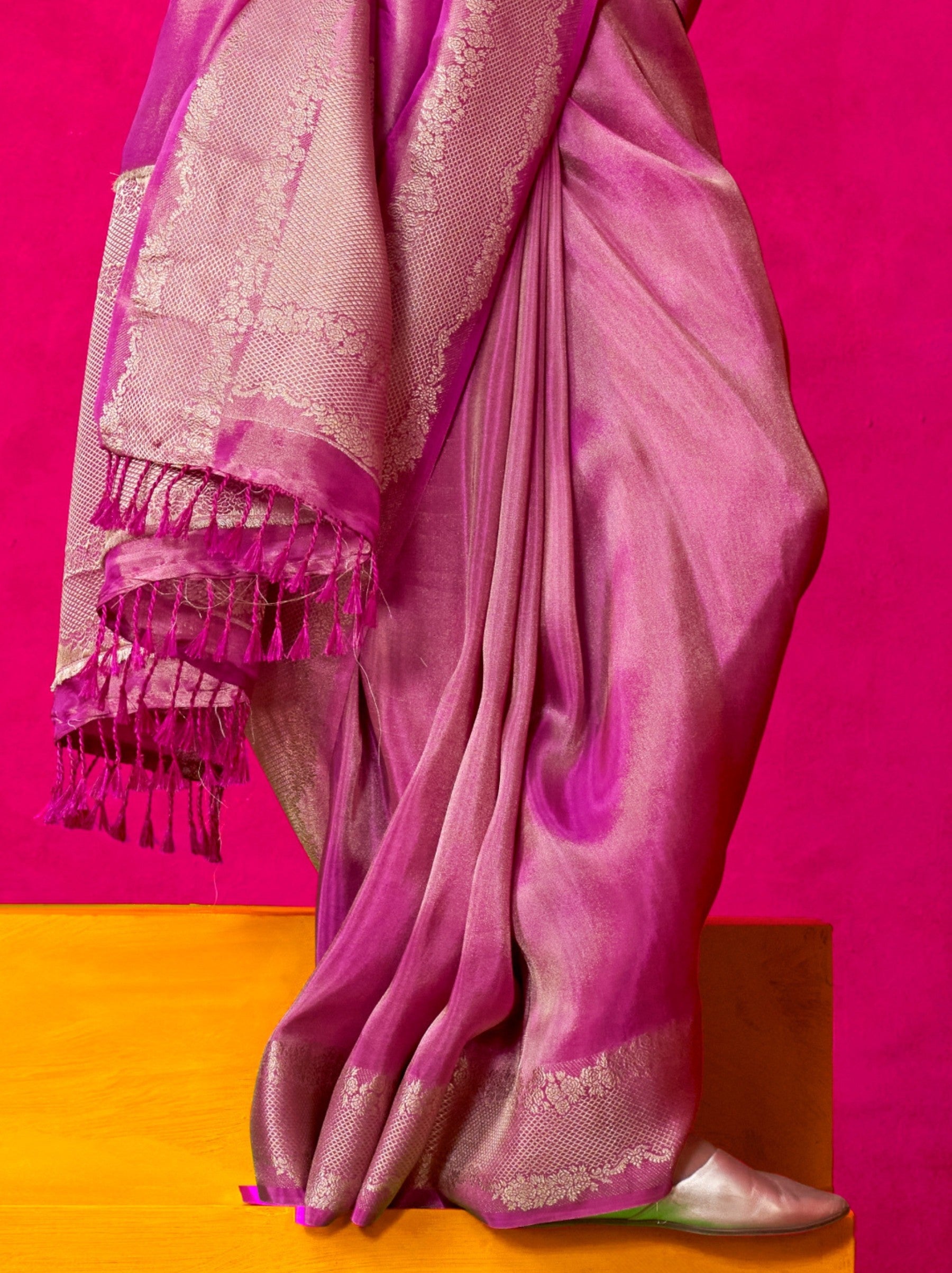 Magenta Pink Tissue Silk Party Saree - TrendOye