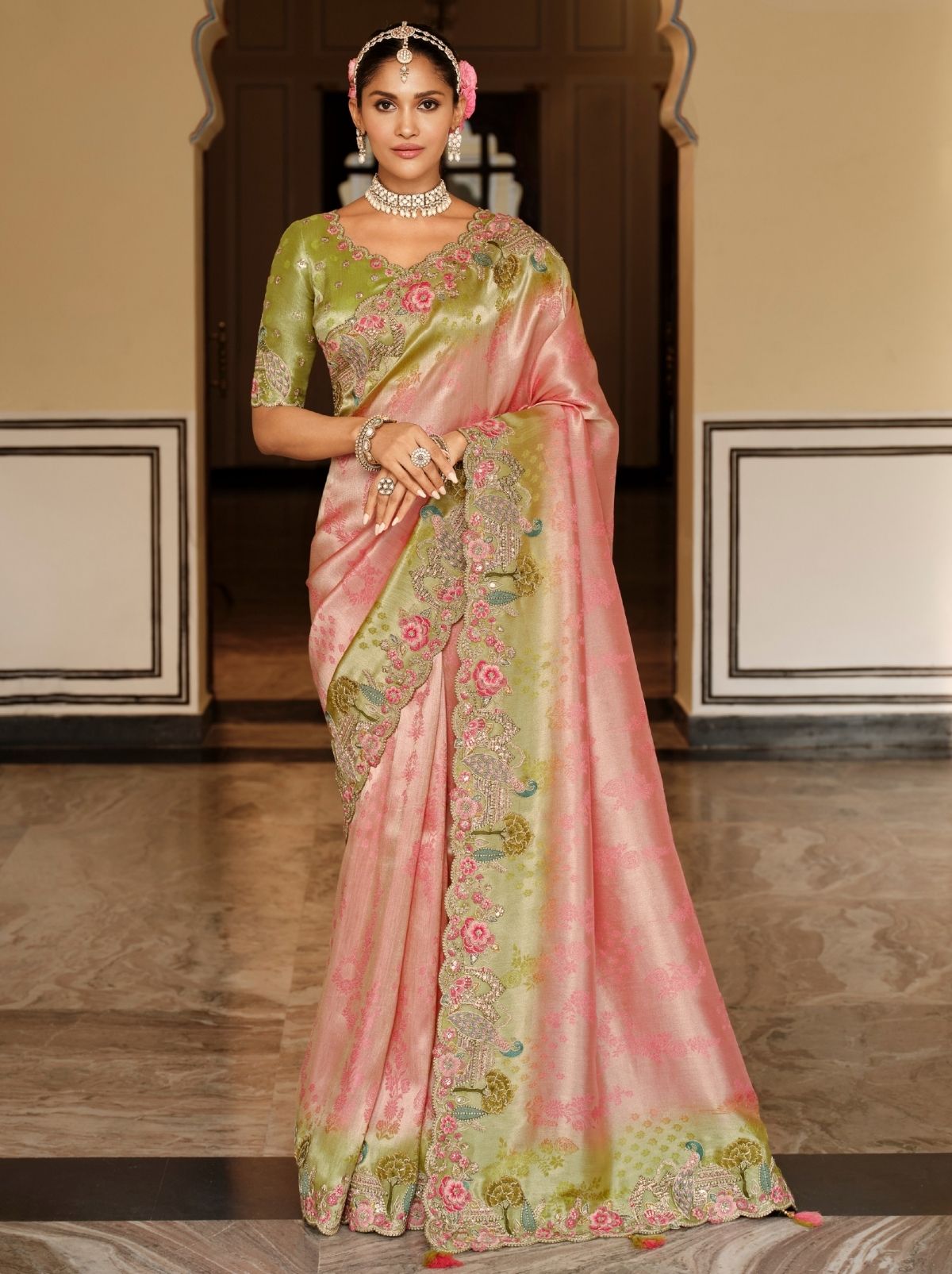 Flamingo Pink Elegant Designer Wedding Wear Saree With Blouse Piece - TrendOye