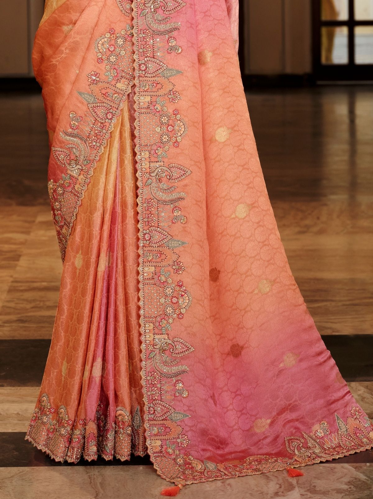 Peach Pink Elegant Designer Wedding Wear Saree With Blouse Piece - TrendOye