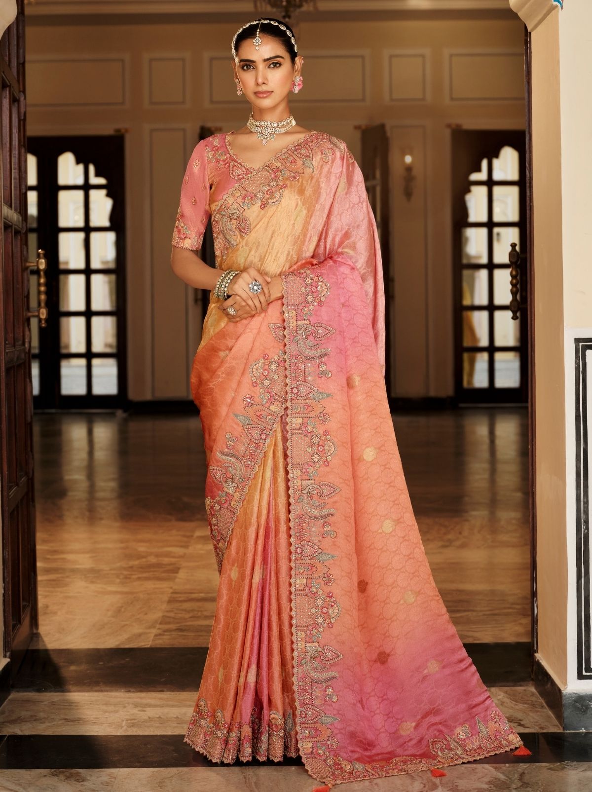 Peach Pink Elegant Designer Wedding Wear Saree With Blouse Piece - TrendOye