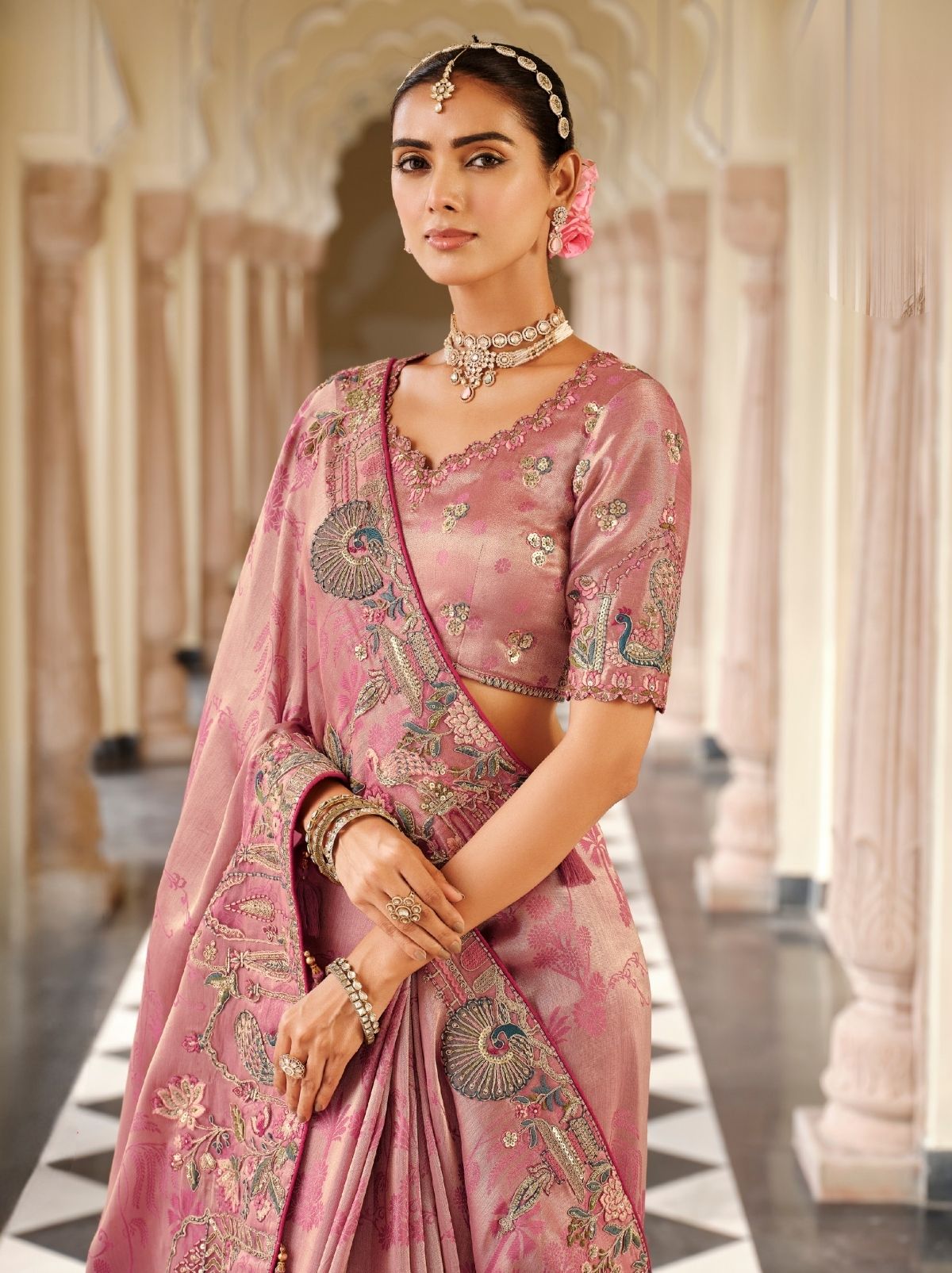 Taffy Pink Fine Soft Silk Saree with Heavy Embroidery Work - TrendOye