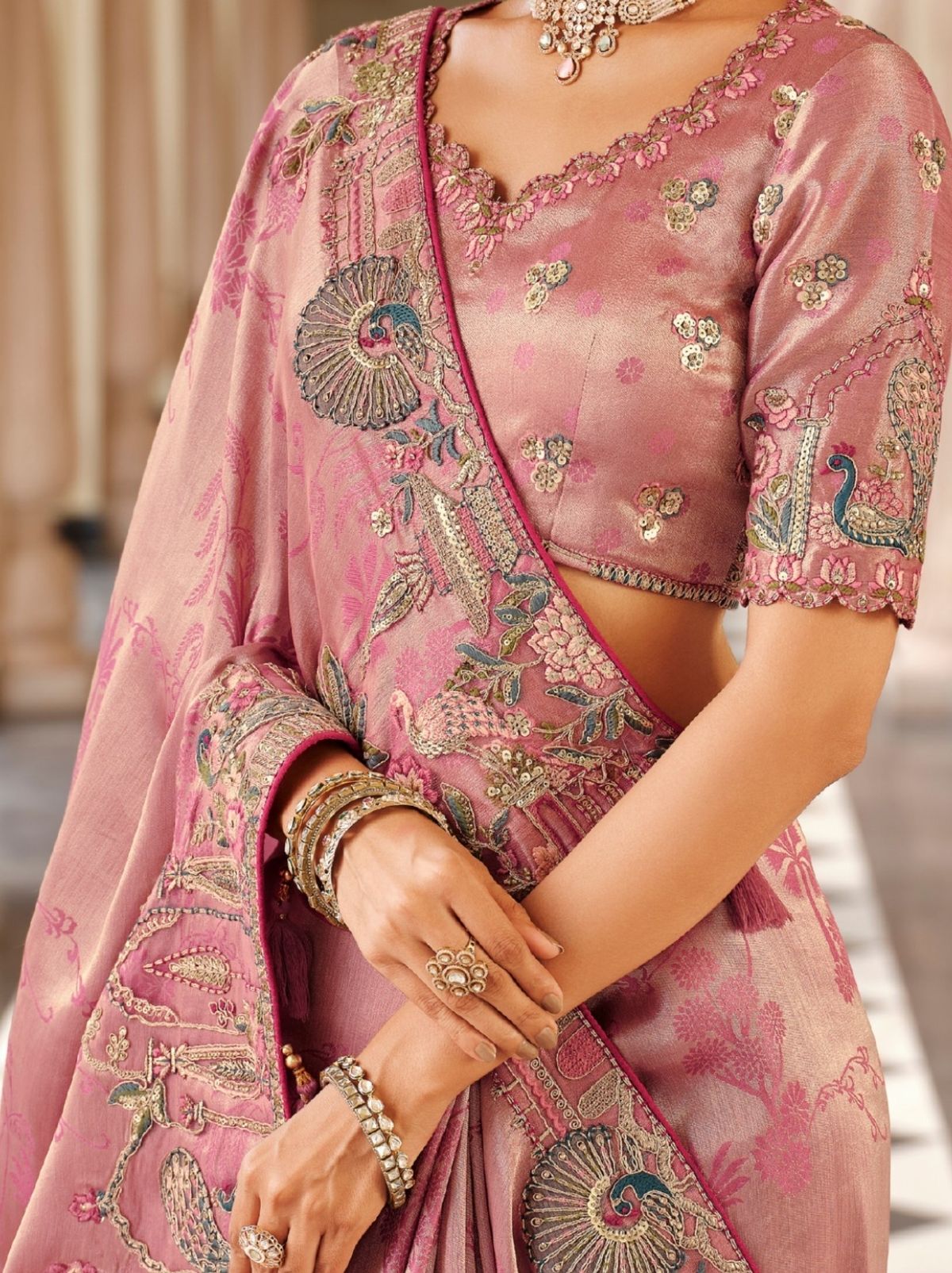 Taffy Pink Fine Soft Silk Saree with Heavy Embroidery Work - TrendOye