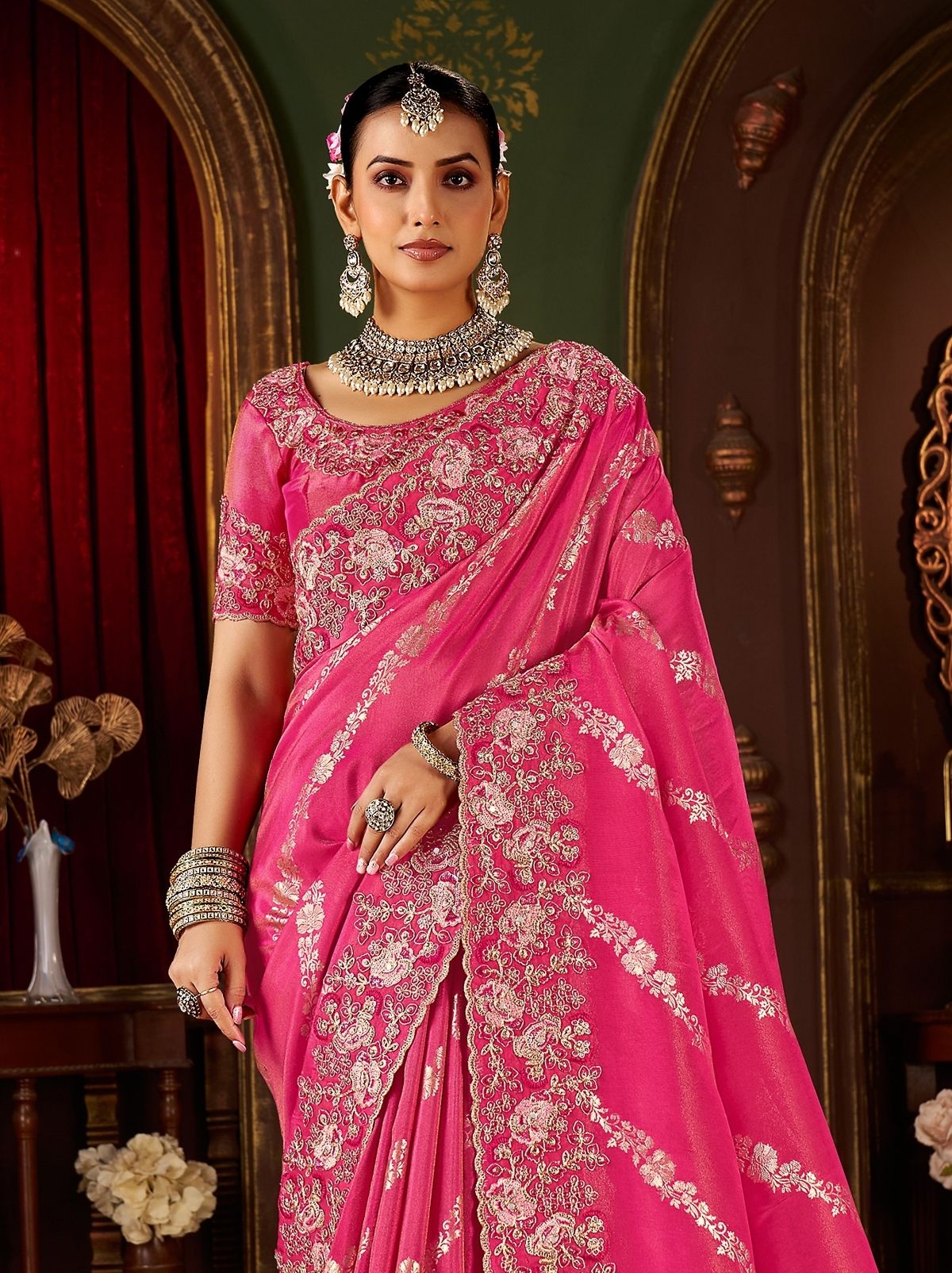 Punch Pink Elegant Wedding Saree With Heavy Border Embroidery