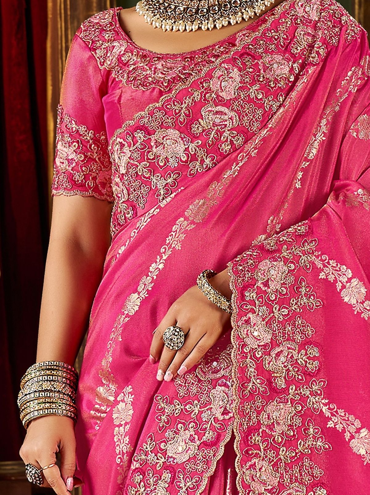 Punch Pink Elegant Wedding Saree With Heavy Border Embroidery