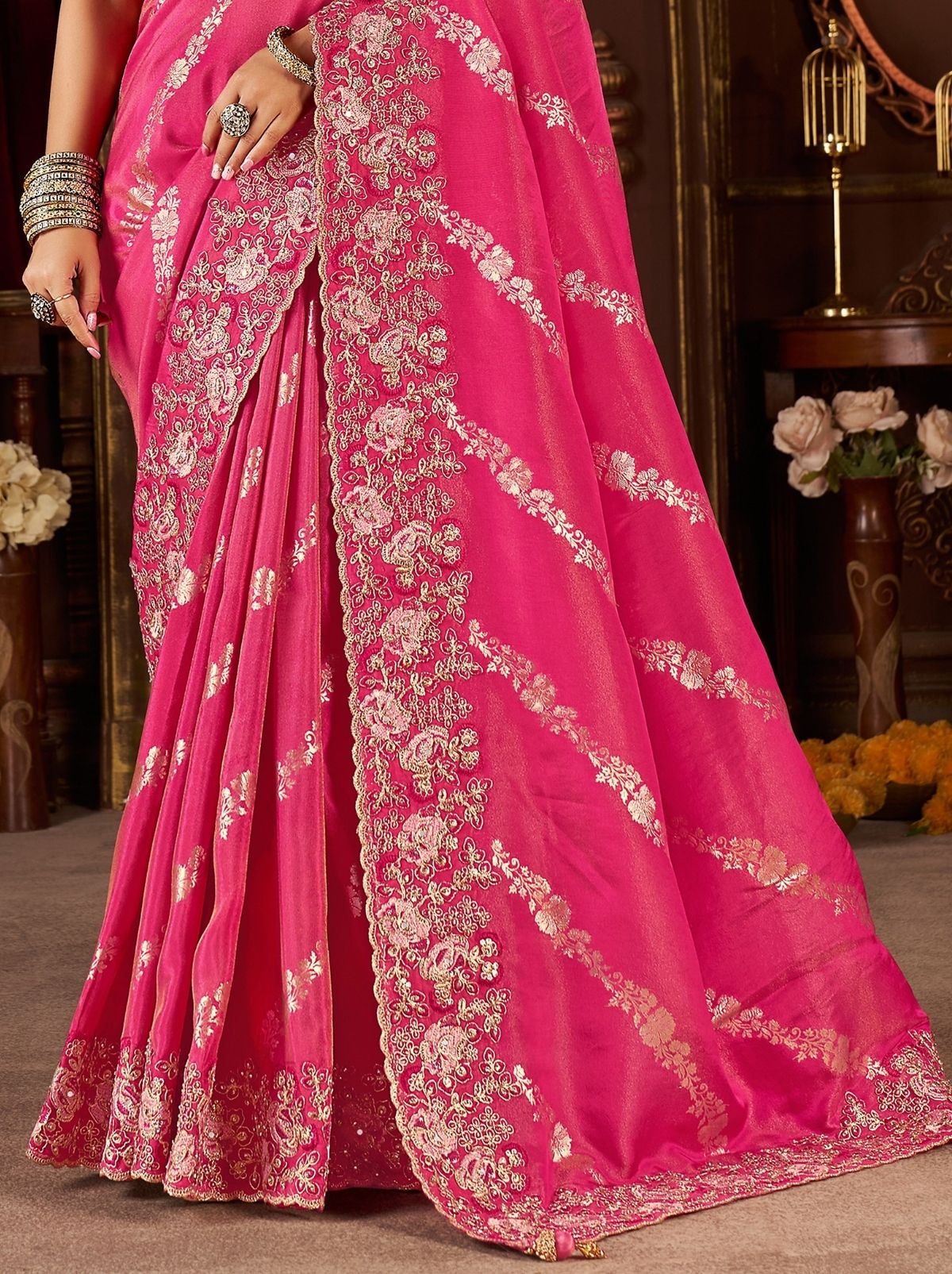 Punch Pink Elegant Wedding Saree With Heavy Border Embroidery