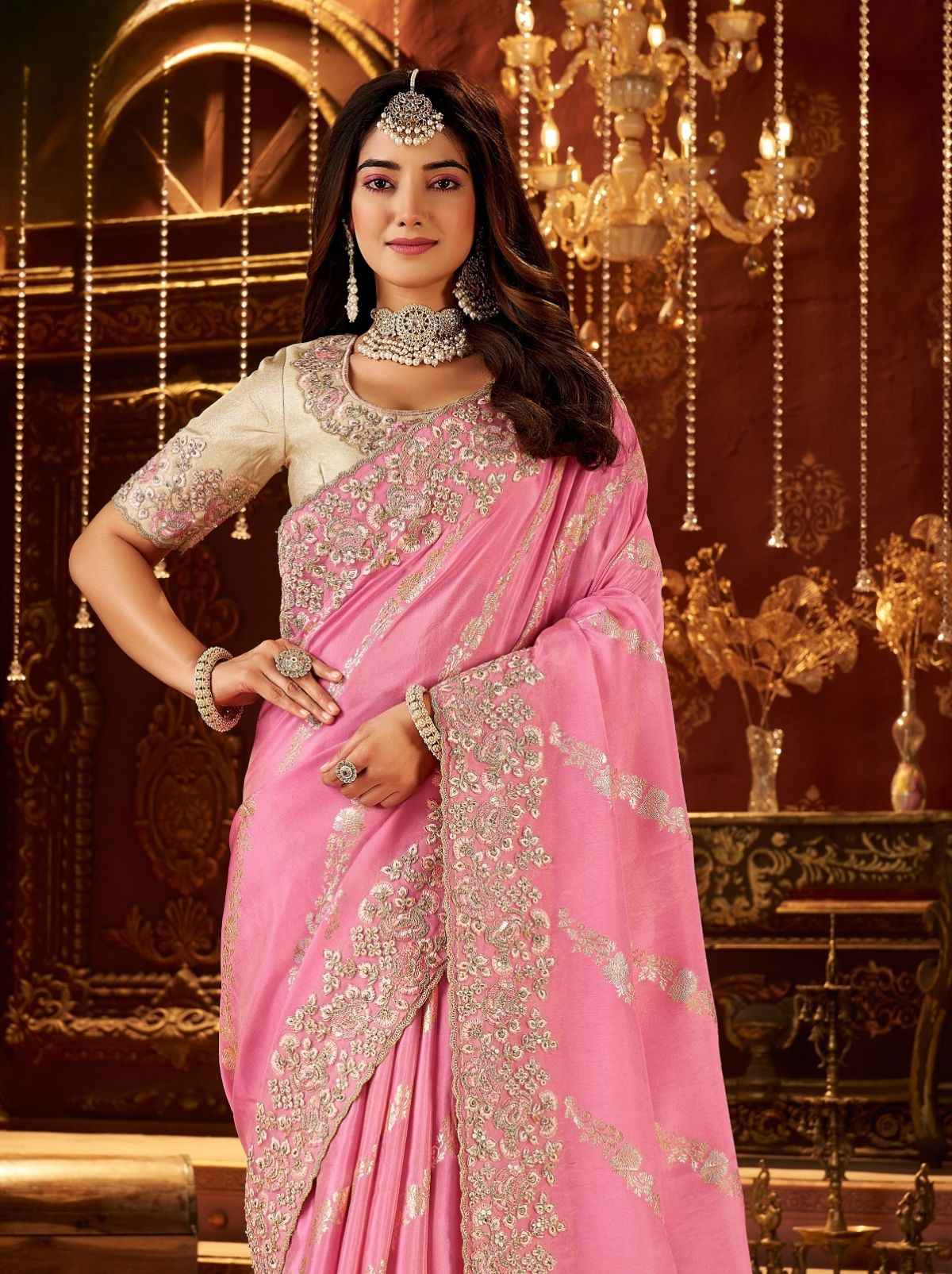 Creamy Pink Elegant Wedding Saree With Heavy Border Embroidery