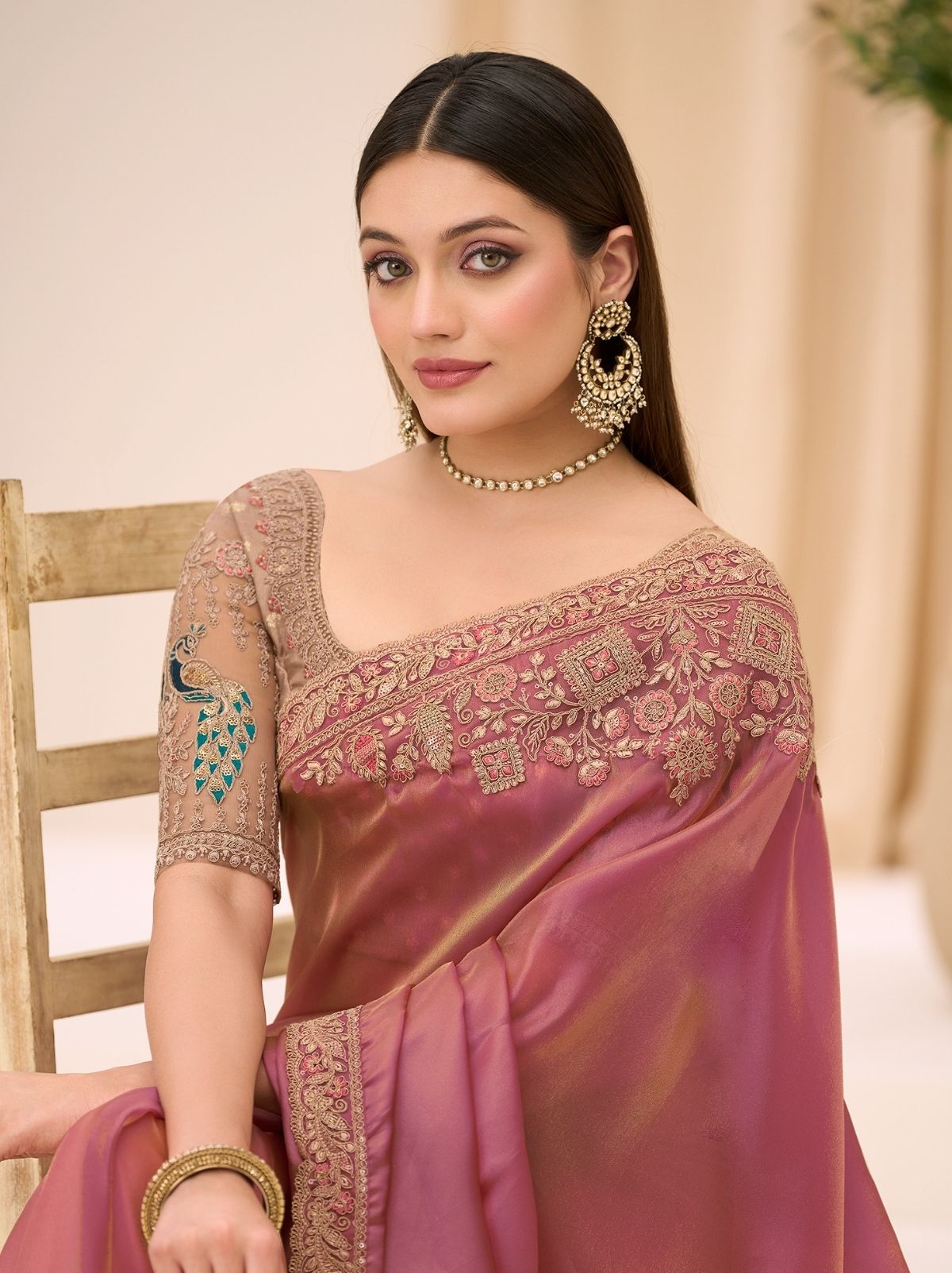 Candy Pink Ethnic Saree with Thread & Zari Work - TrendOye