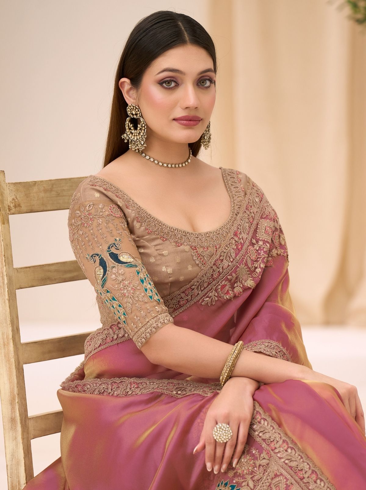 Candy Pink Ethnic Saree with Thread & Zari Work - TrendOye