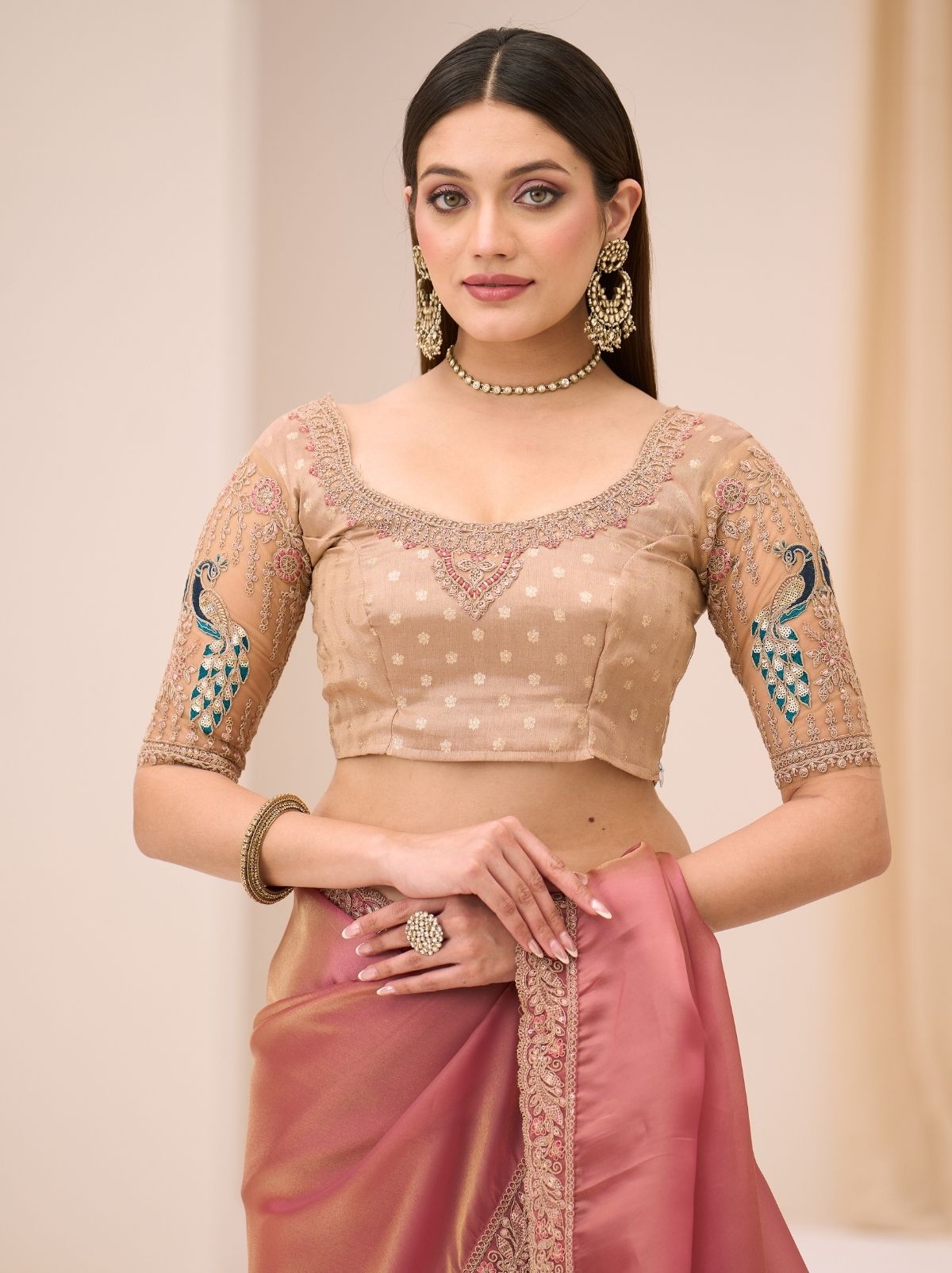 Candy Pink Ethnic Saree with Thread & Zari Work - TrendOye