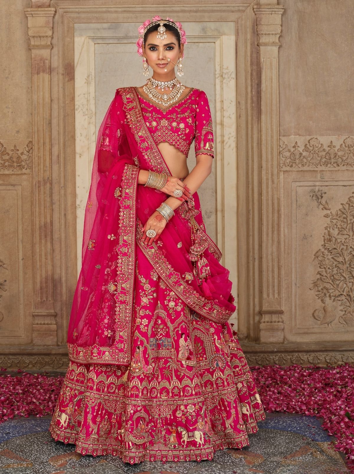 Bright Pink Exclusive Bridal Lehenga Set With Heavy Khatli & Thread Work