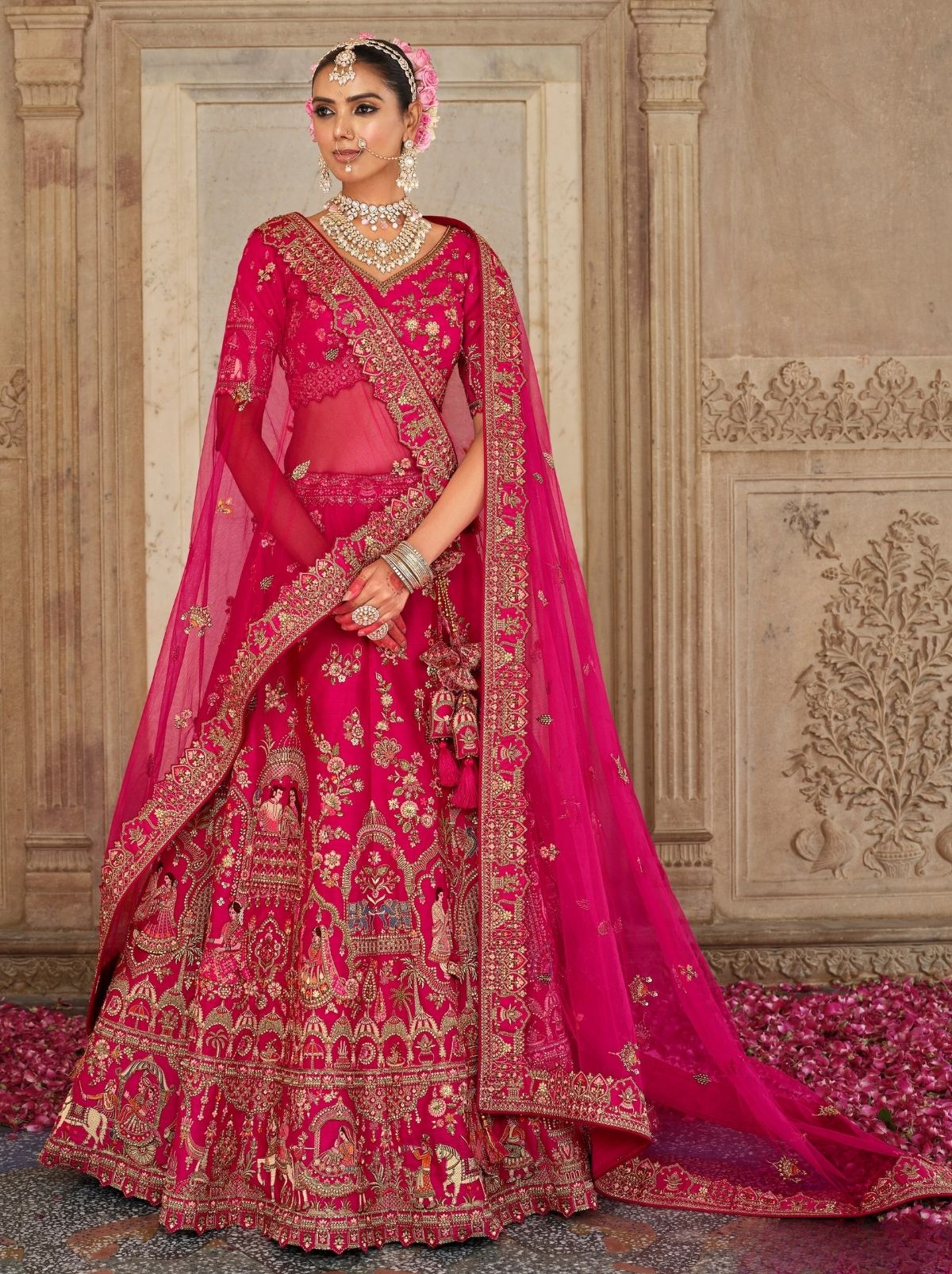 Bright Pink Exclusive Bridal Lehenga Set With Heavy Khatli & Thread Work