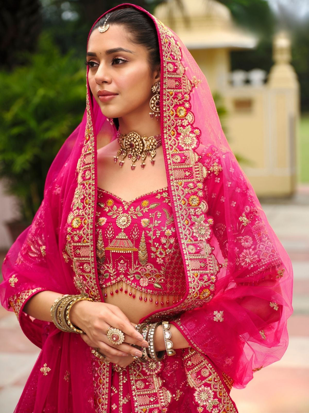 Punch Pink Exclusive Bridal Lehenga Set With Khatli Embroidery
