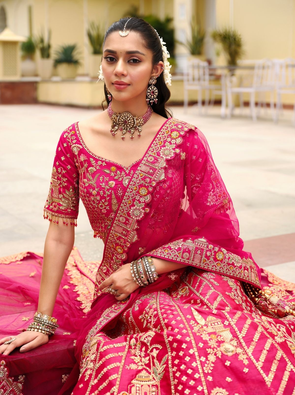 Punch Pink Exclusive Bridal Lehenga Set With Khatli Embroidery