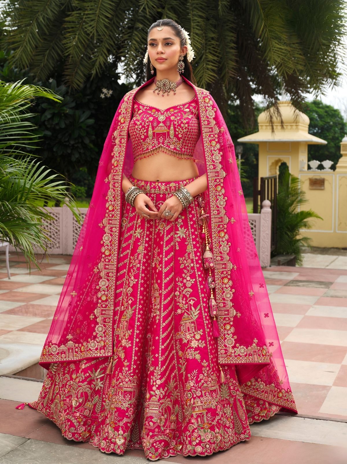 Punch Pink Exclusive Bridal Lehenga Set With Khatli Embroidery