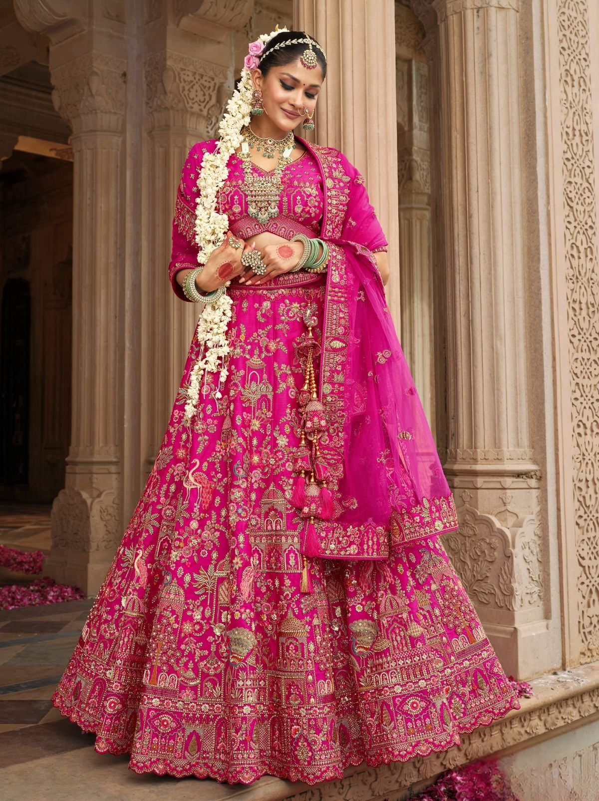 Rose Pink Exclusive Bridal Lehenga Set With Khatli Embroidery