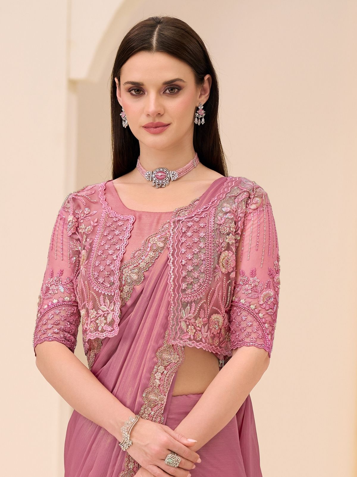 Taffy Pink Exclusive Party Wear Saree with Sequin Work - TrendOye
