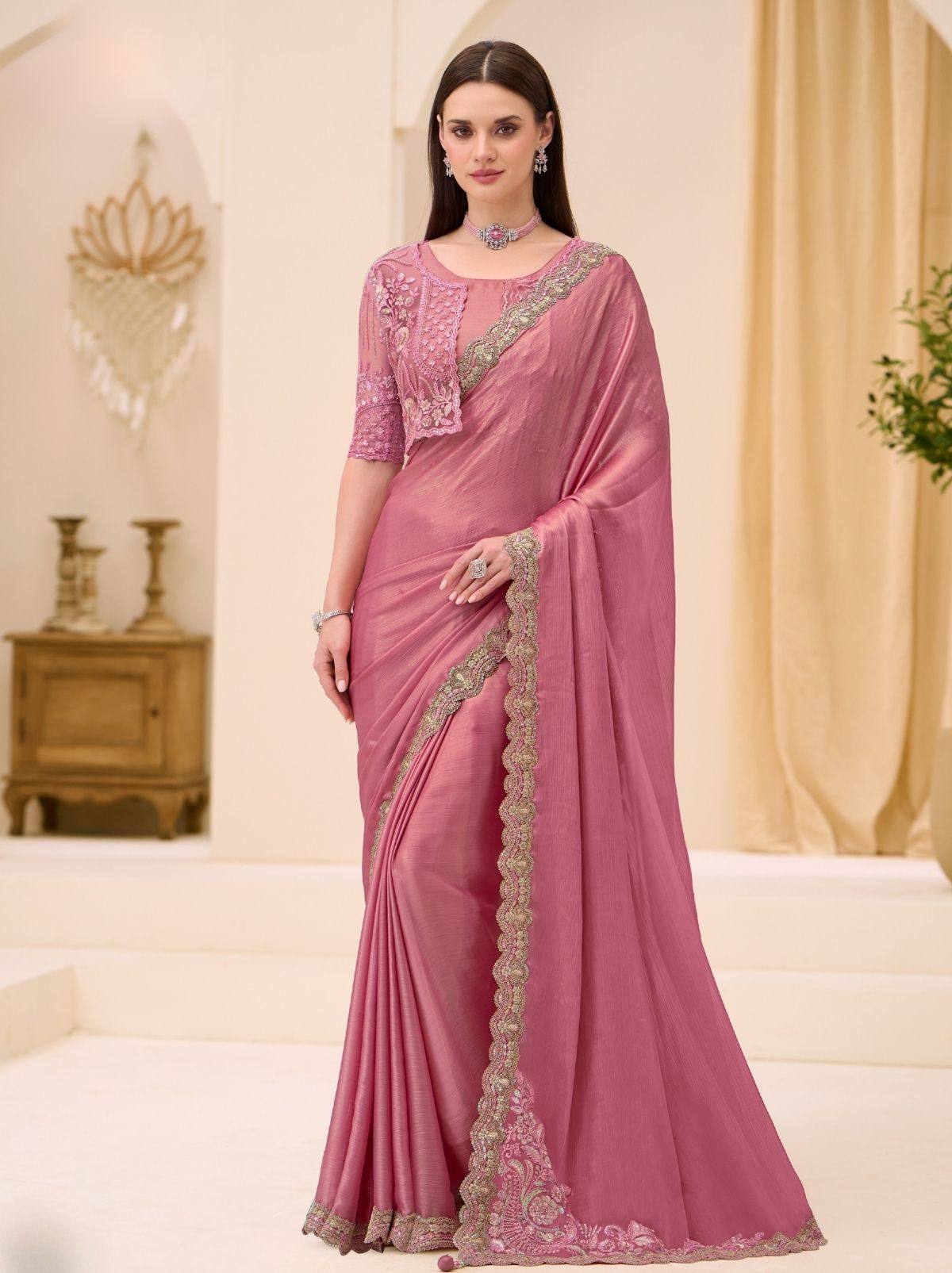 Taffy Pink Exclusive Party Wear Saree with Sequin Work - TrendOye