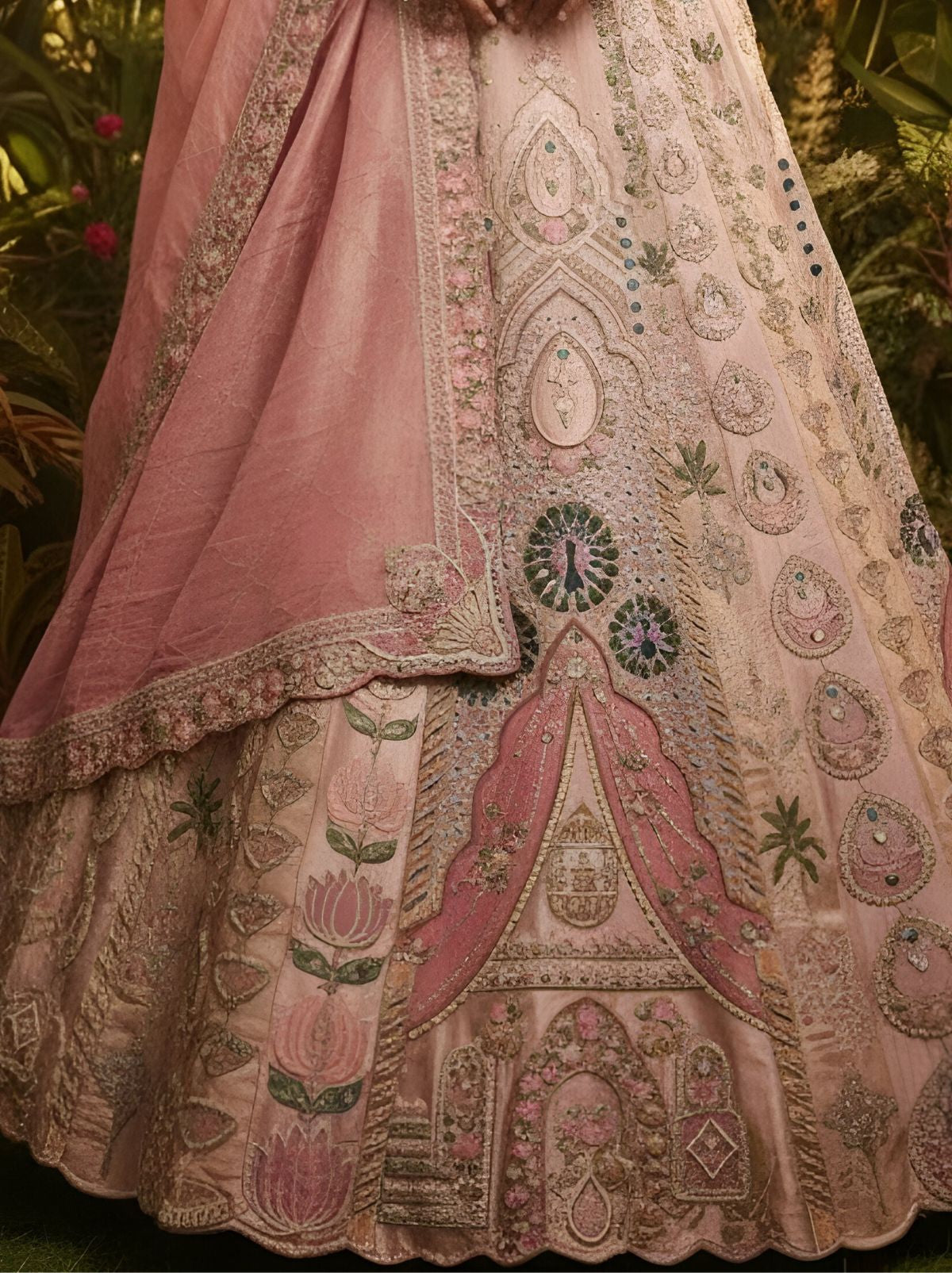 Peach Pink Exclusive Reception Lehenga Set With Zari Work